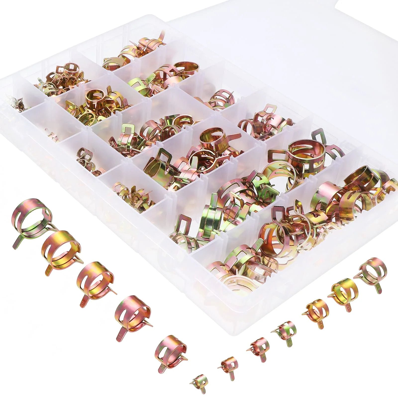 260 Piece 6 To 25mm Fuel Line Hose Spring Clip Clamps Set in 12 Sizes, Durable 65Mn Spring Steel, Visible in Plastic Box