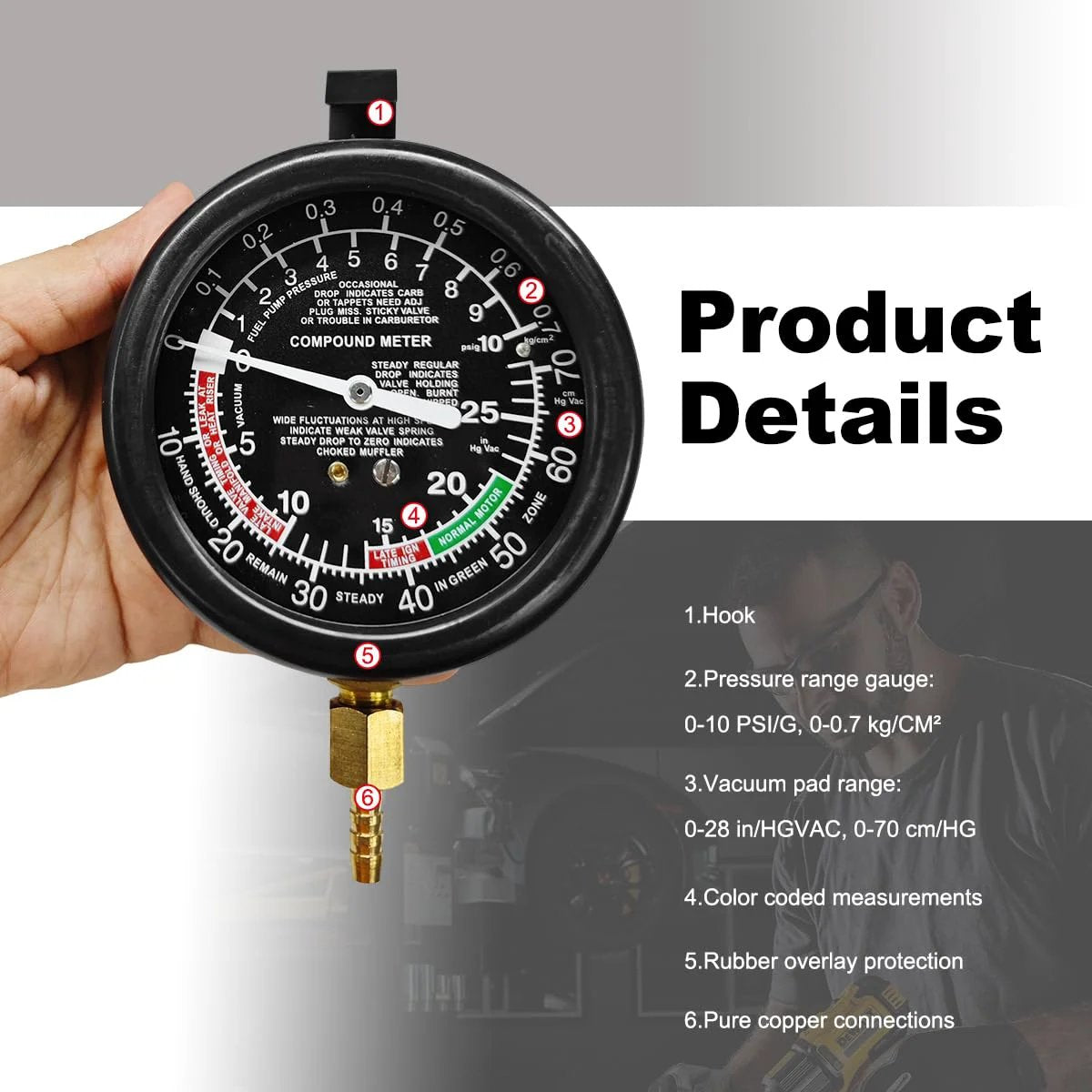 Close-up of Fuel Pump And Vacuum Tester Gauge Kit For Automotive Engine Fuel System Testing, showing gauge details.