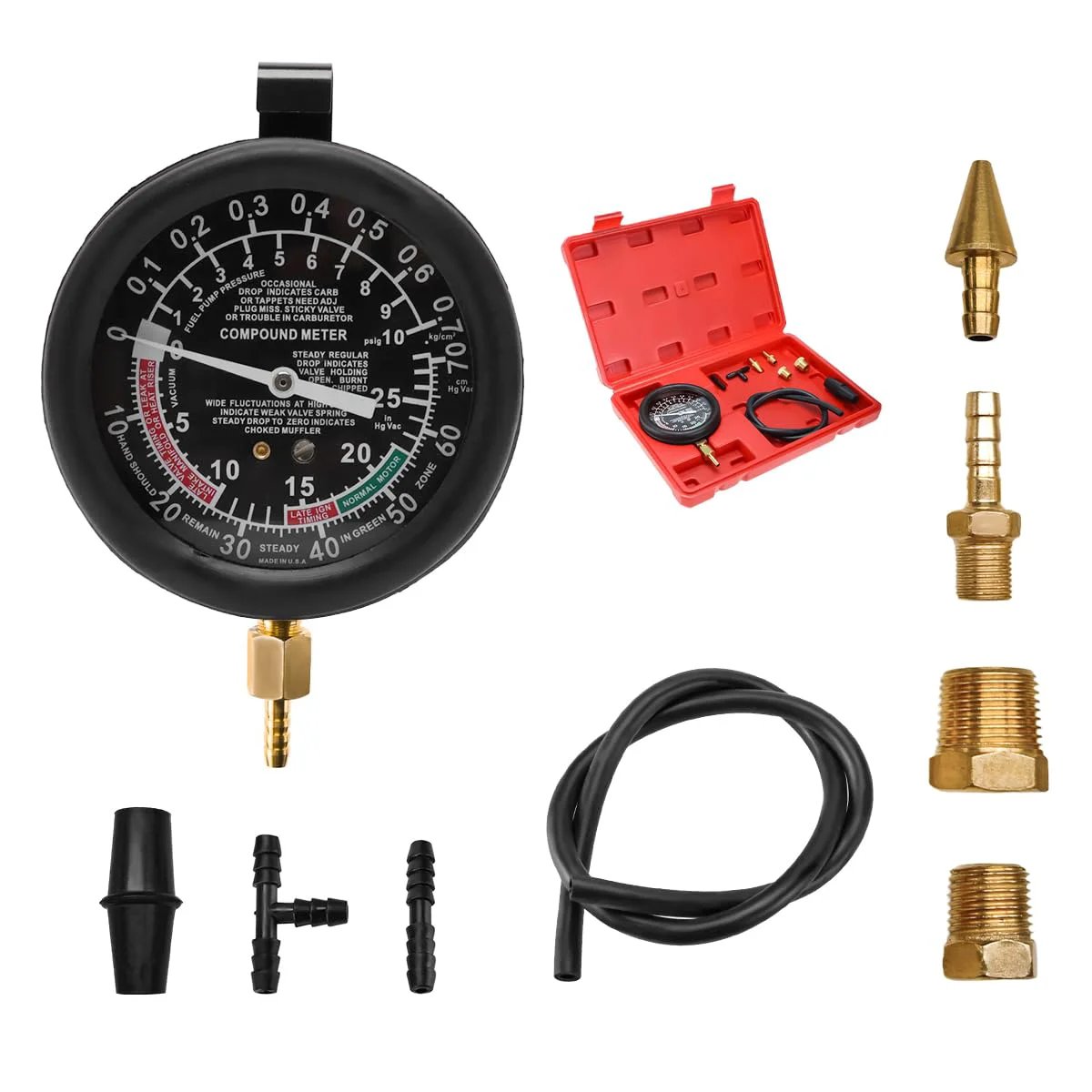 Fuel Pump And Vacuum Tester Gauge Kit for Automotive Engine Fuel System Testing, featuring gauge, adapters, and storage case.