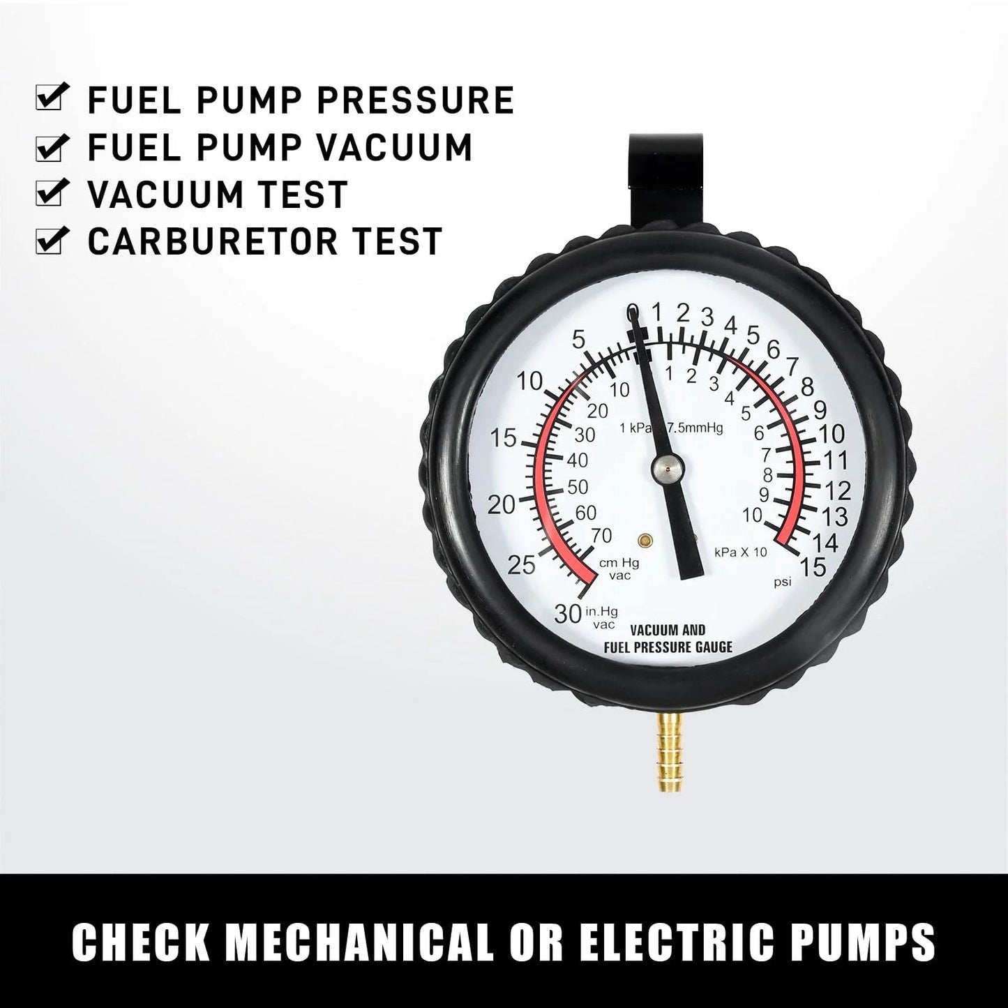Close-up of the gauge from the Six Piece Vacuum Pressure Gauge Kit For Carburetors And Vacuum Systems That Doubles As A Fuel Pump Gauge Tester.