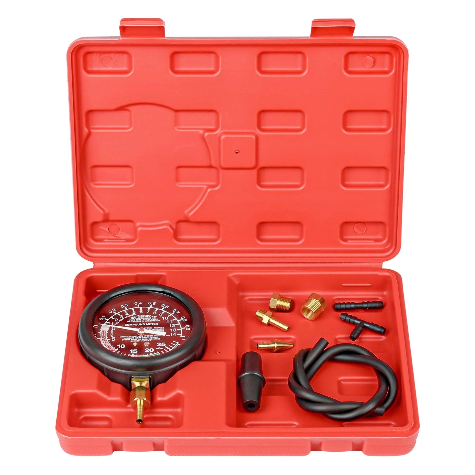 Fuel Pump Pressure and Vacuum Tester Kit for Carburetor and Intake Manifold Diagnosis in red case, includes gauge and adapters.