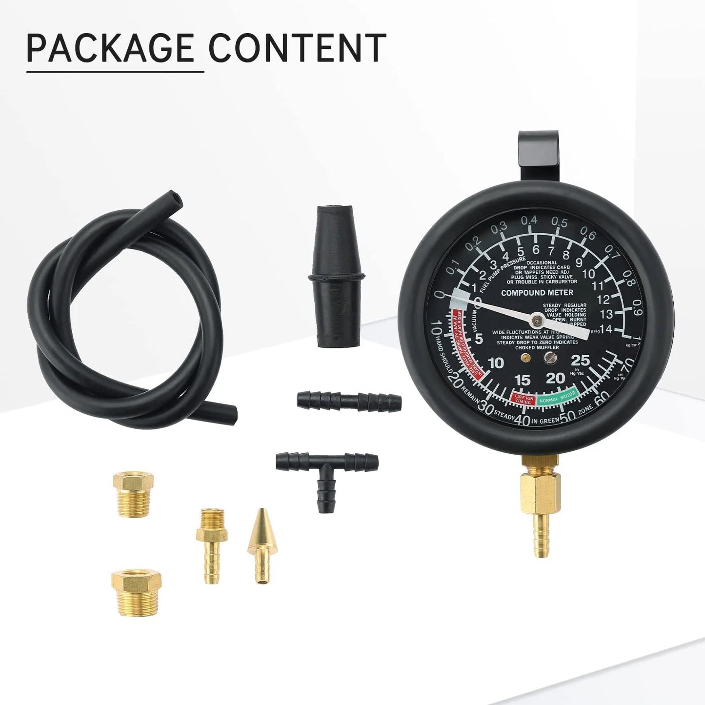 Pro Grade Vacuum And Fuel Pump Tester Gauge Kit For Car Carburetor Diagnostics And Engine Tuning includes gauge, connectors, and hose.