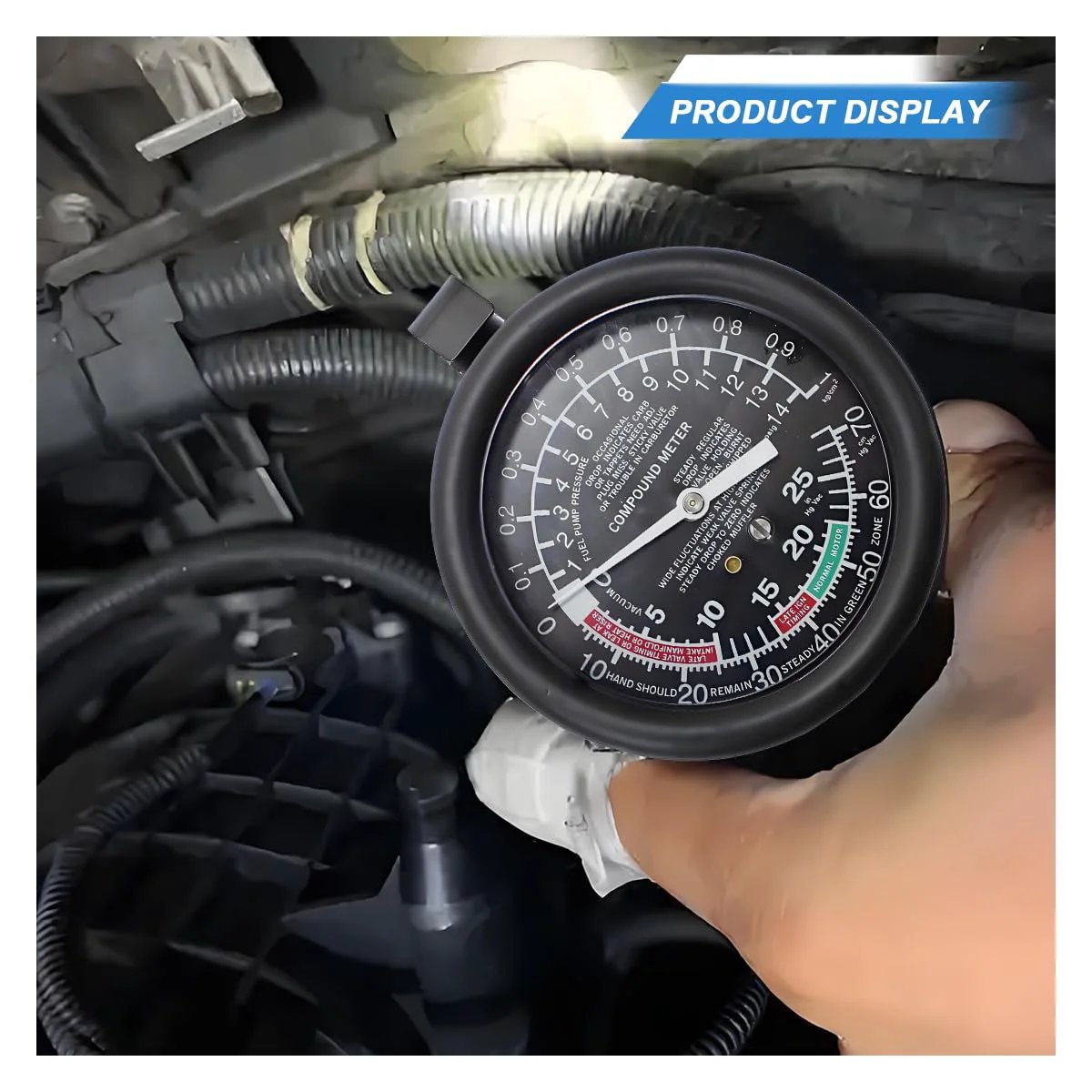 Fuel Pump And Vacuum Tester Gauge Kit For Cars And SUVs with a close-up view of pressure gauge in use for diagnostic testing.