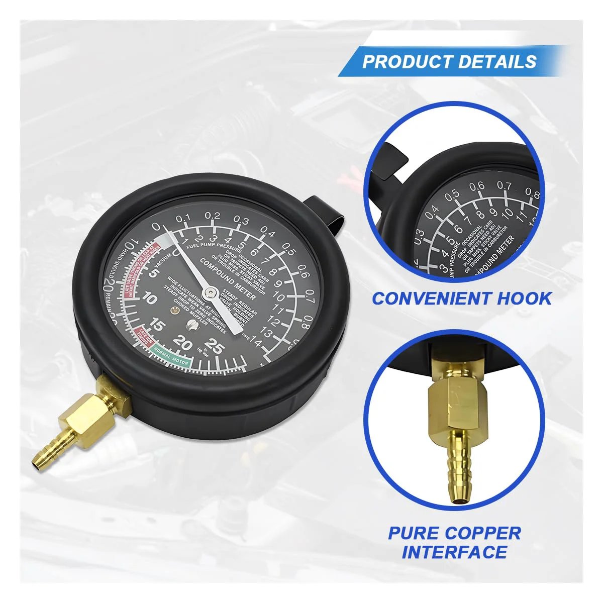 Fuel Pump And Vacuum Tester Gauge Kit For Cars And SUVs, Car Carburetor Leak Diagnostics Tool with pressure gauge and copper interface.