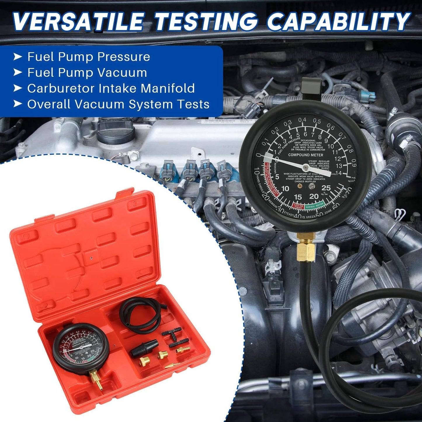 All In One Fuel Pump And Vacuum Tester Gauge Kit For Cars And Engines, Four In One Tests Include Fuel Pump Pressure, Fuel Pump Vacuum, Carburetor Intake Manifold, And Overall Vacuum System, Red in engine bay.