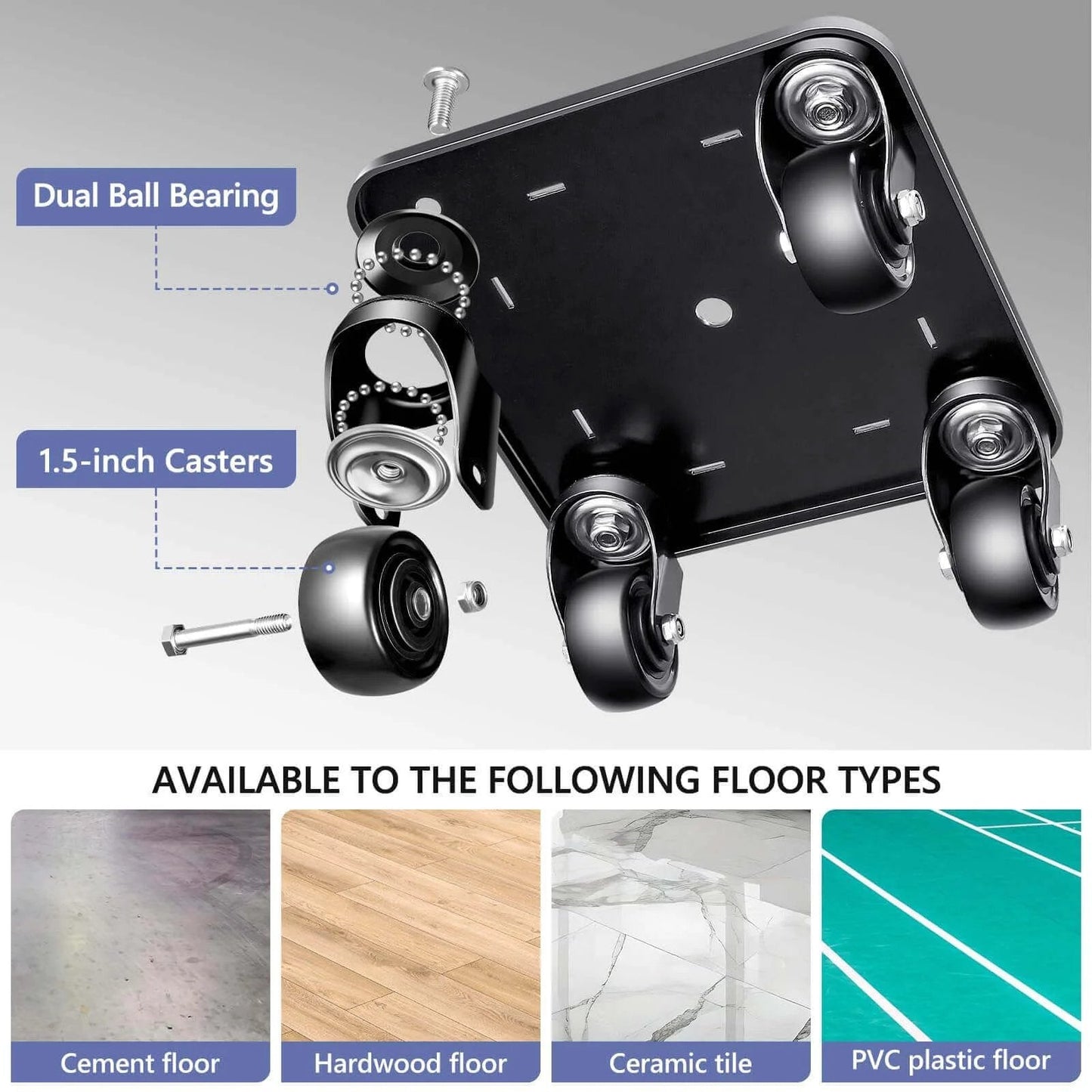 1500LBS Furniture Movers with Wheels, heavy duty dolly showing dual ball bearings, casters, suitable for various floor types.