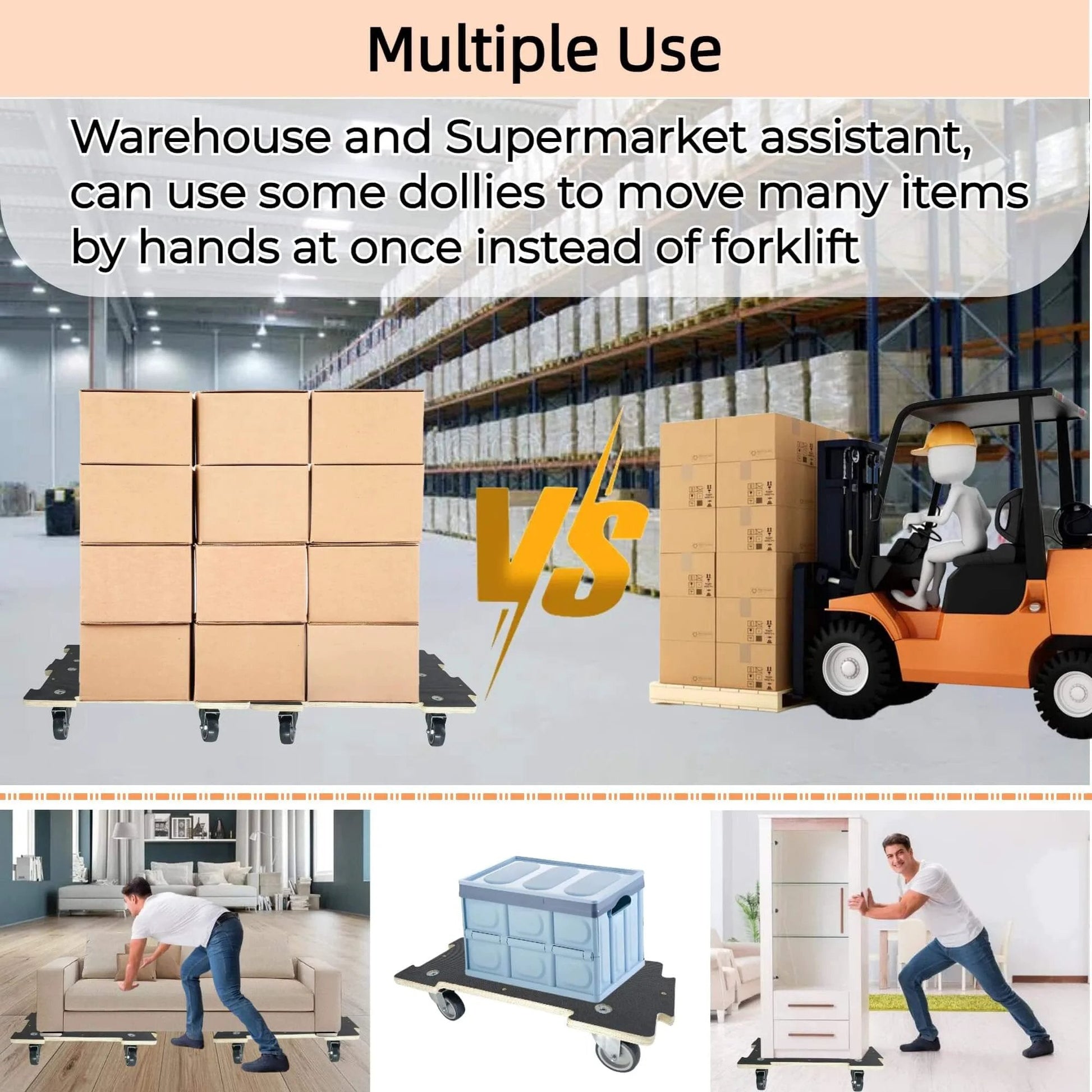 Heavy duty spliceable wood furniture dolly set of 2 in use, moving boxes in warehouse with forklift comparison