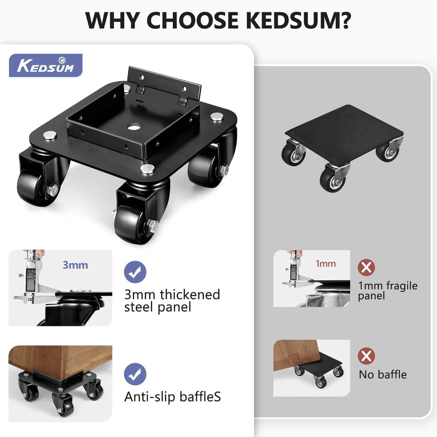 ✝️ 1500LBS Furniture Movers with Wheels, heavy-duty dolly set of 4, thickened steel panel, anti-slip baffles, close-up view