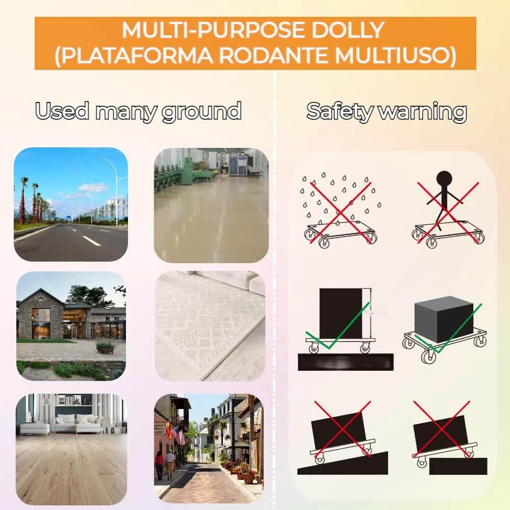Multi-purpose dolly usage examples and safety warnings for heavy duty wood furniture dolly set of 2 with 4 wheels.