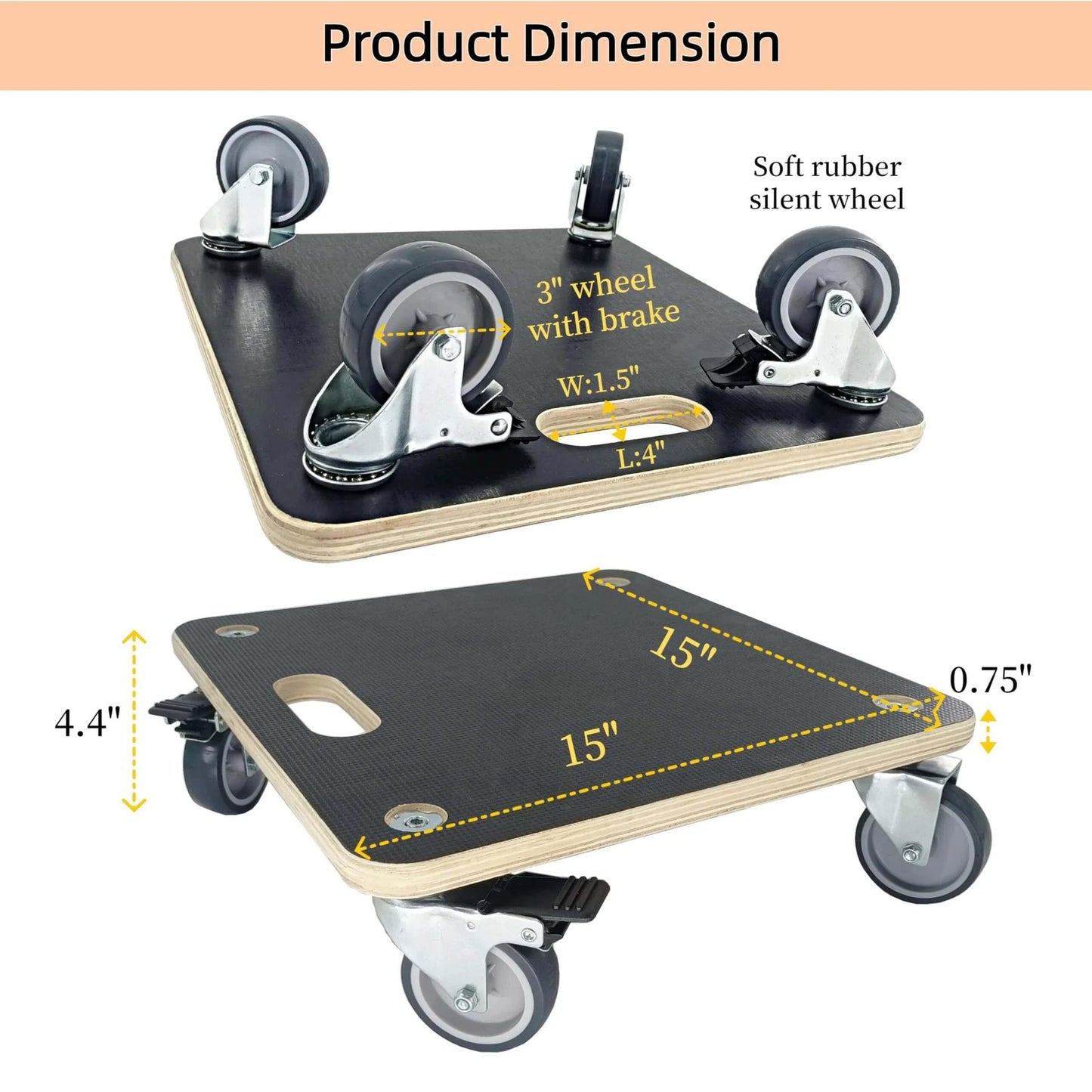 Heavy duty wood furniture moving dolly set of 2 with phenolic resin plywood platform, 4 soft rubber silent swivel wheels, non slip surface.