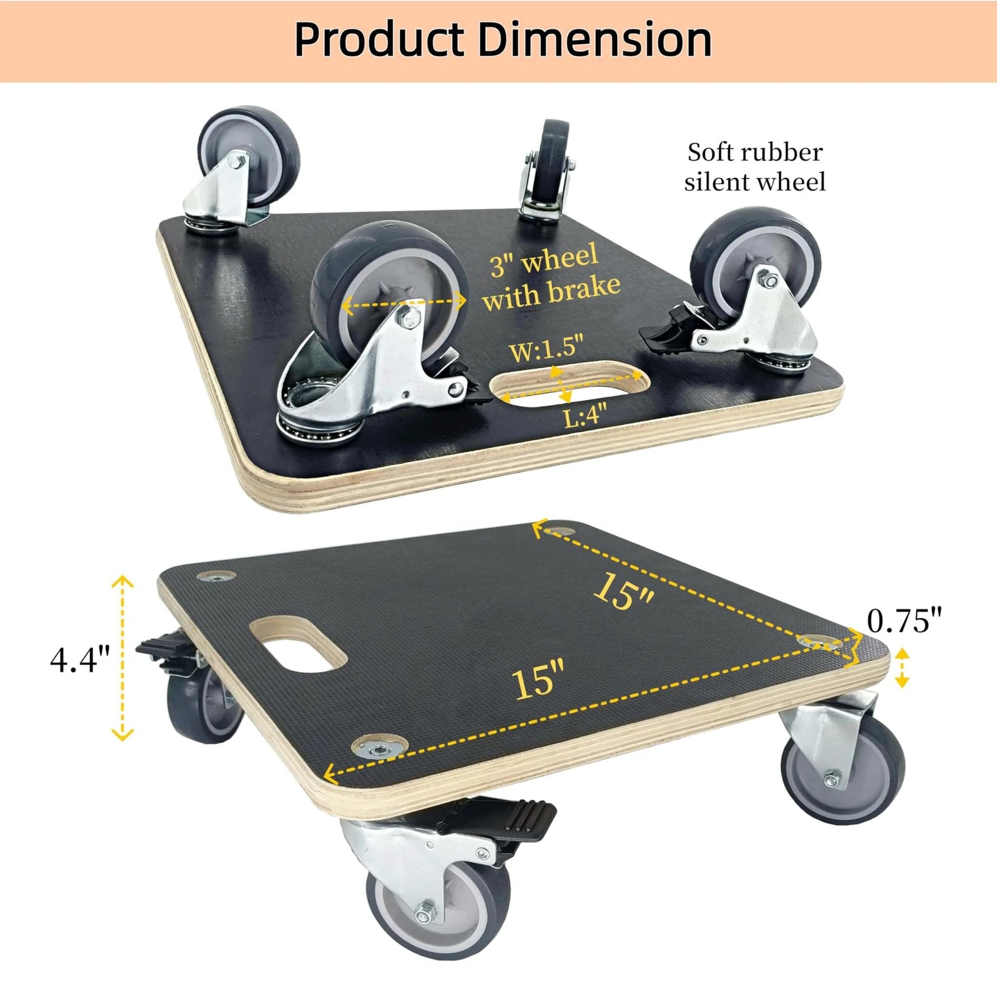 Heavy duty wood furniture moving dolly set of 2 with phenolic resin plywood platform, 4 soft rubber silent swivel wheels, non slip surface.