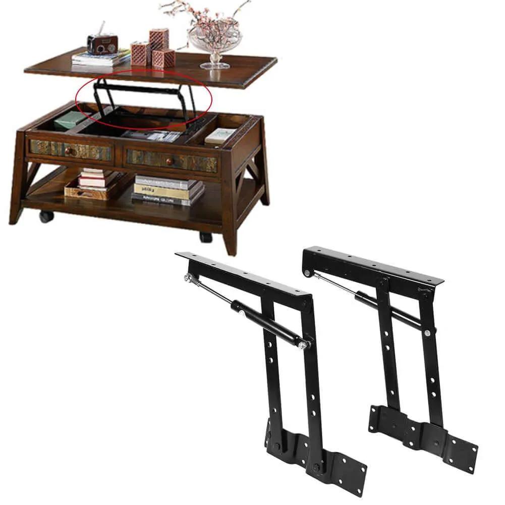 1pair Folding up Top Table Mechanism Hardware Fitting Hinge, shown installed in wooden table, black steel hinges, hydraulic gas lift.
