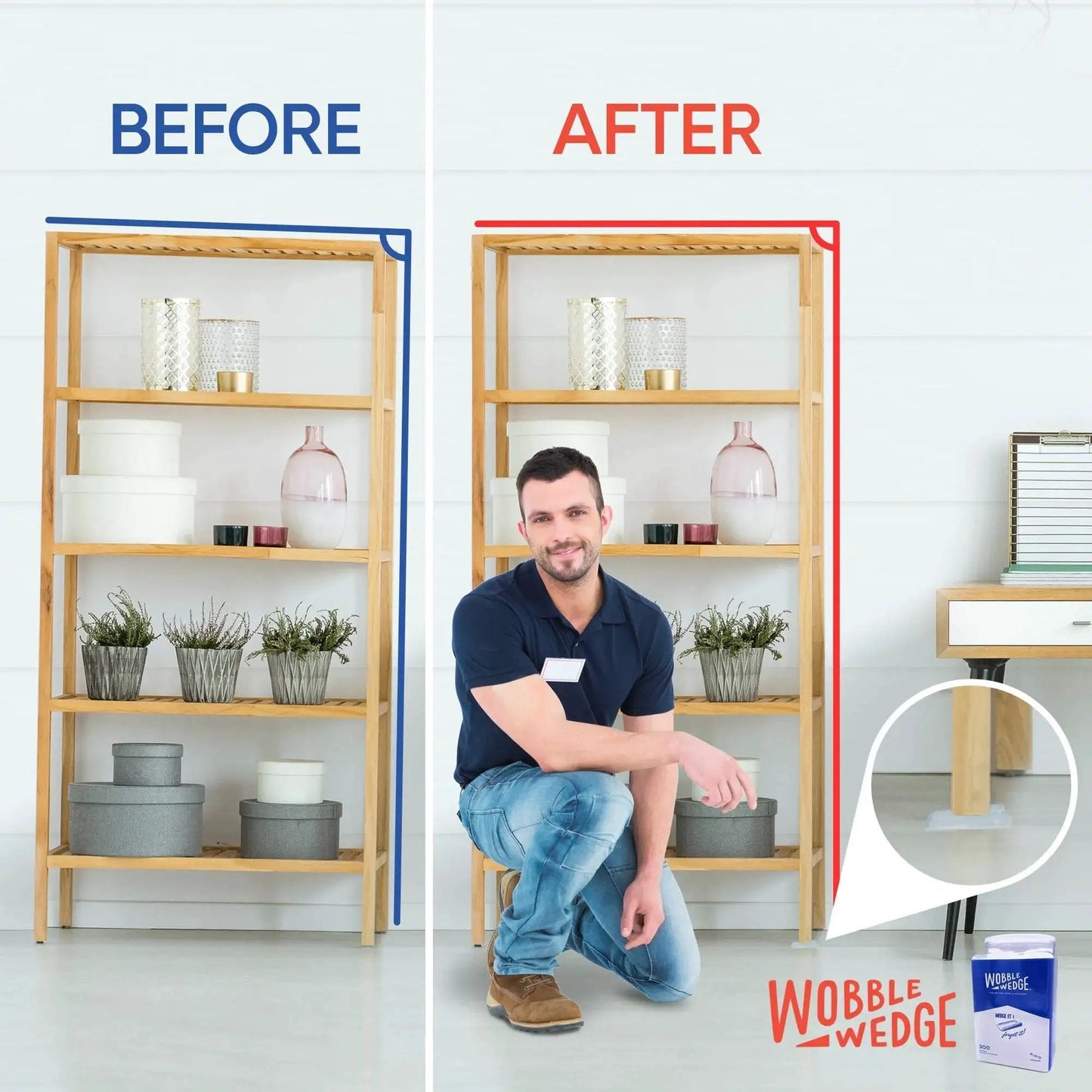 Heavy Duty Leveling Shims For Furniture And Appliances, Transparent Rigid Plastic Wedges, Made In USA, before and after shelf leveling
