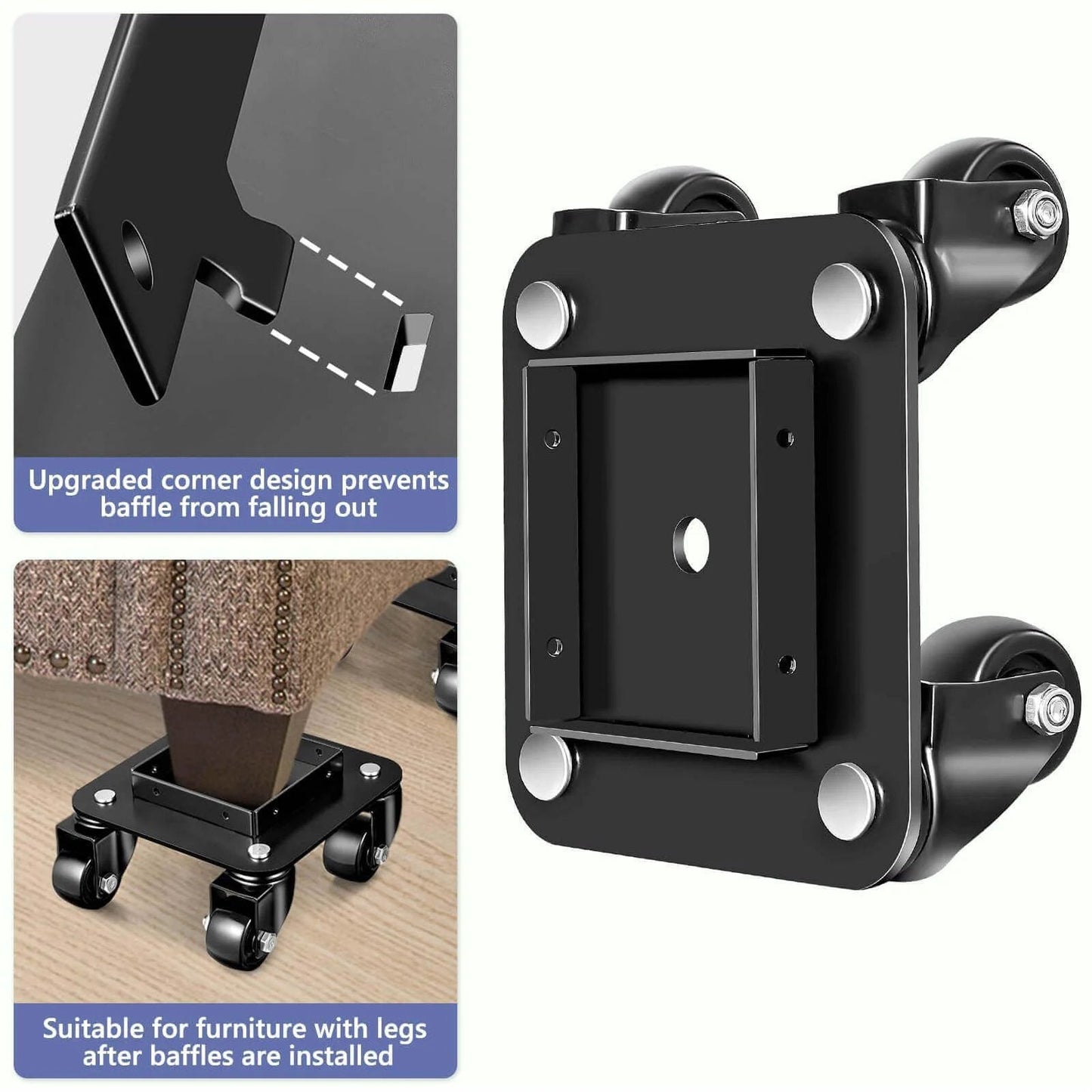 ✝️ 1500LBS Furniture Movers with Wheels showing upgraded corner design and baffles for stabilizing furniture on a dolly.