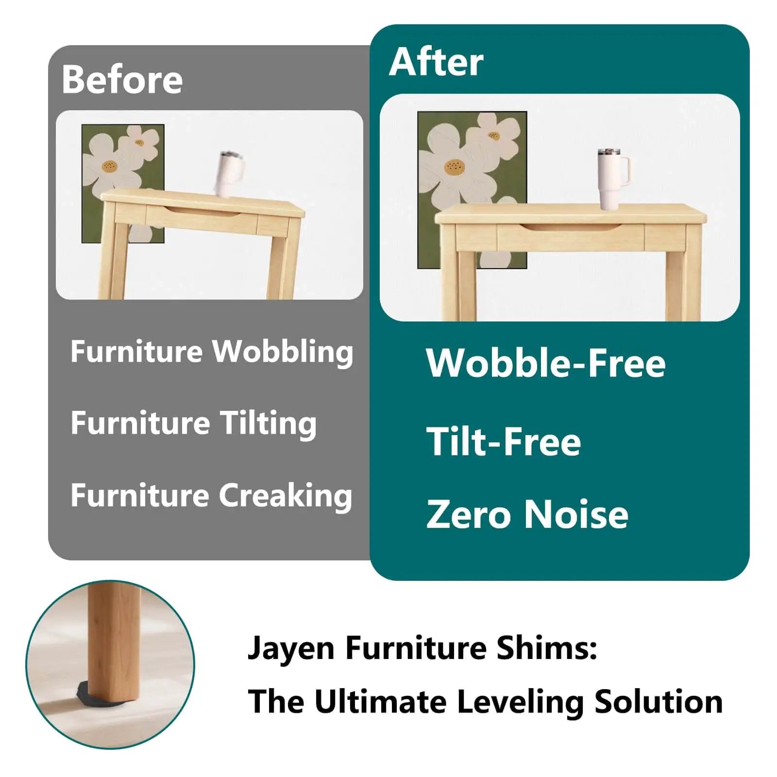 Before and after using 20 Pack Rubber Shims For Furniture And Appliances, Non Slip Stackable Levelers And Wedges For Tables, Toilets, And More For Everyday Use, DIY Home Improvement, Black