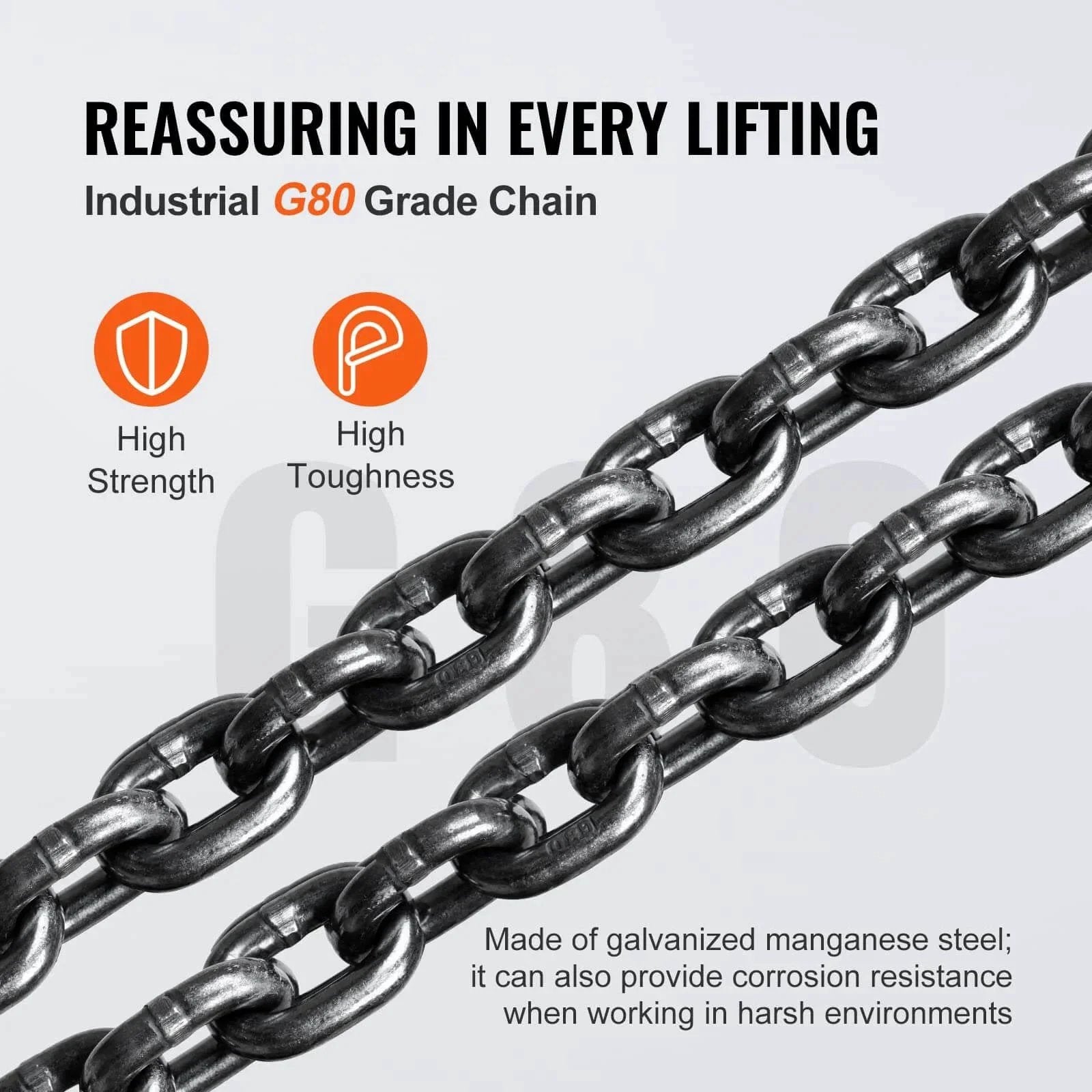 Close-up view of G80 galvanized chain links for 2 Ton Hand Chain Hoist 4400 Lbs Capacity 10 Ft Lift Come Along With G80 Galvanized Chain And Double Pawl Brake
