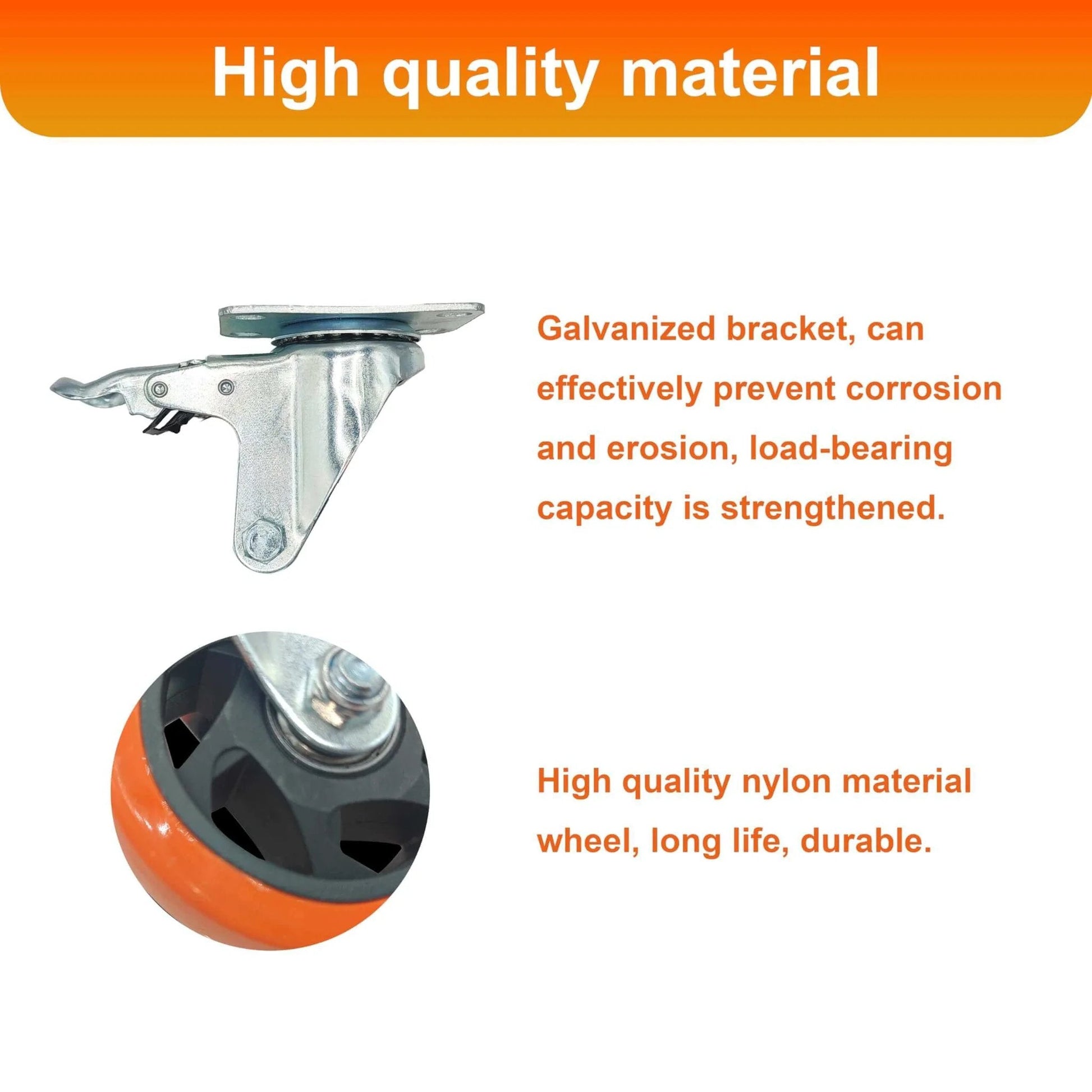 Close-up of 8 piece 4 inch heavy duty locking swivel casters with brake highlighting galvanized bracket and nylon wheel.