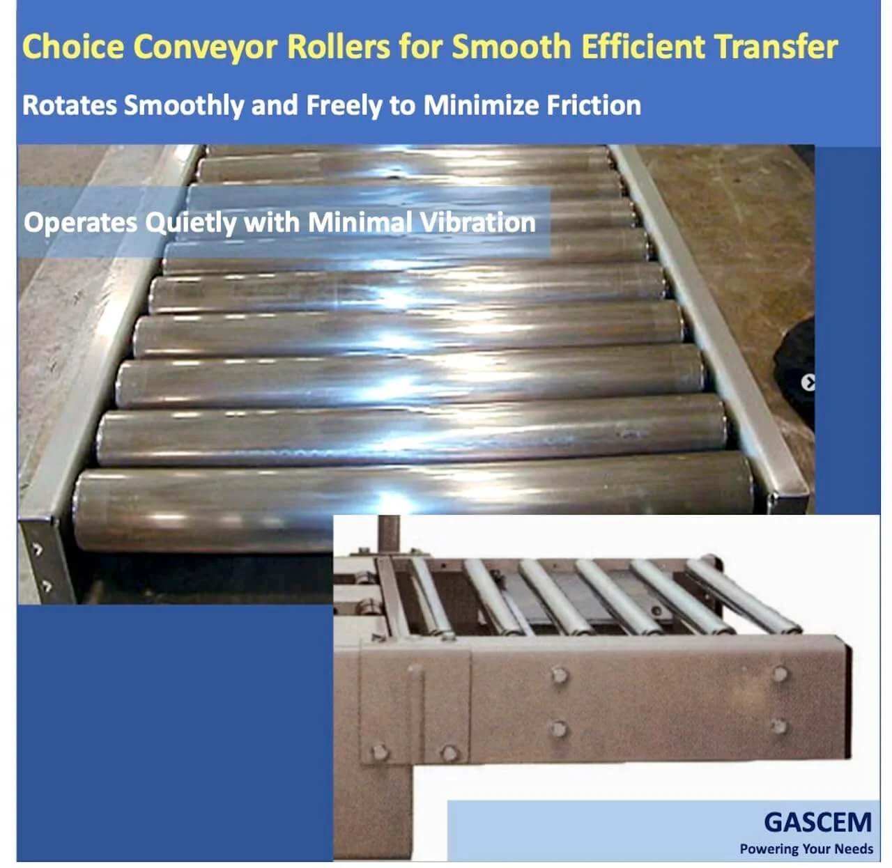 Galvanized steel conveyor rollers for smooth efficient transfer in industrial setup, reducing vibration with minimal friction.