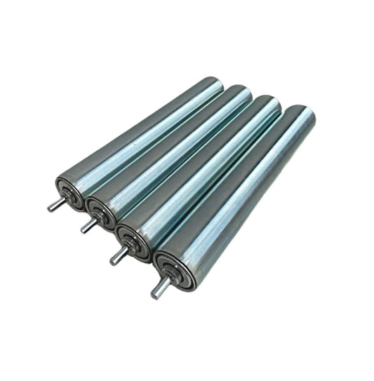 Pack of 4 galvanized steel conveyor rollers, 1.5" dia, 10"BF length, axle dia 1/4", designed for smooth motion in mechanical systems.