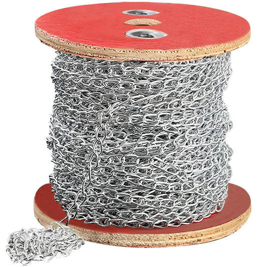 Spool of 150ft Jack Chain, Galvanized Steel Link Chain, ideal for hanging fixtures; designed for smooth motion and stable alignment in automation.