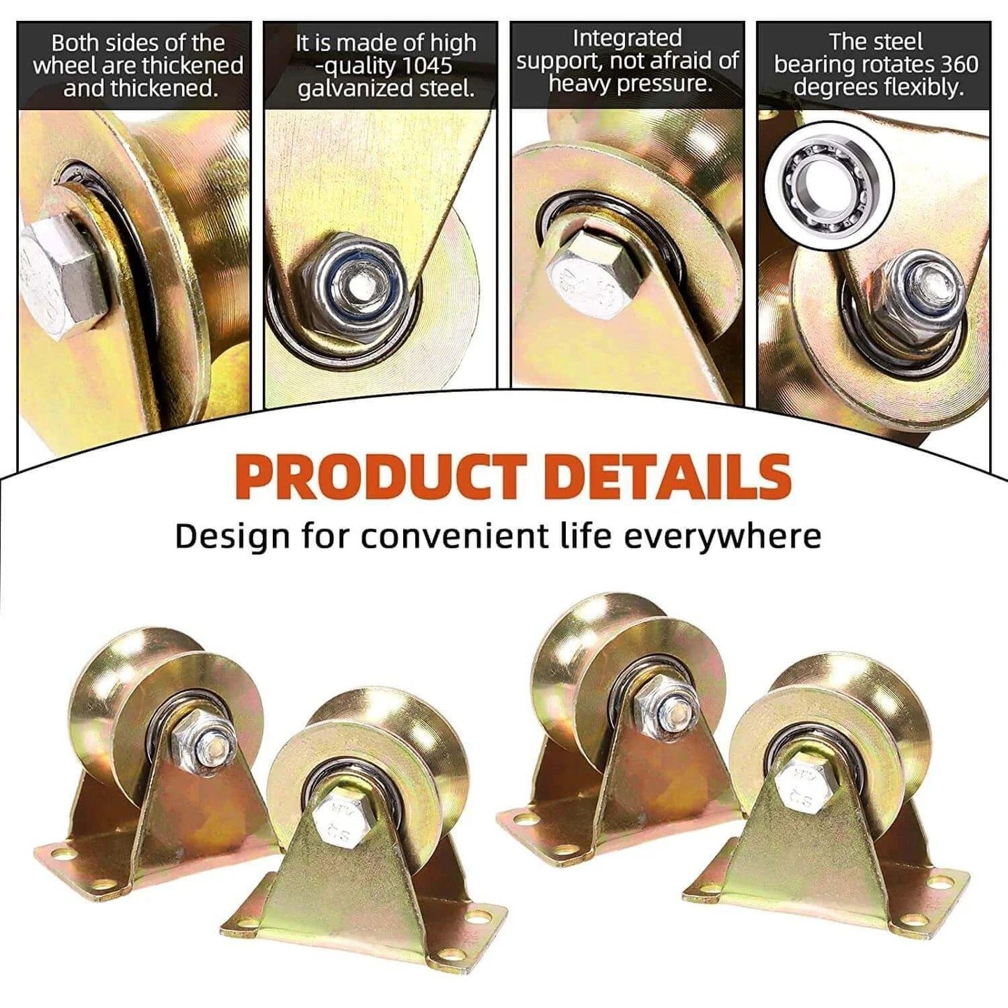 3-Inch U-Groove Caster Wheels with Bracket - Load Capacity 1102lbs, galvanized steel, feature details and multiple views