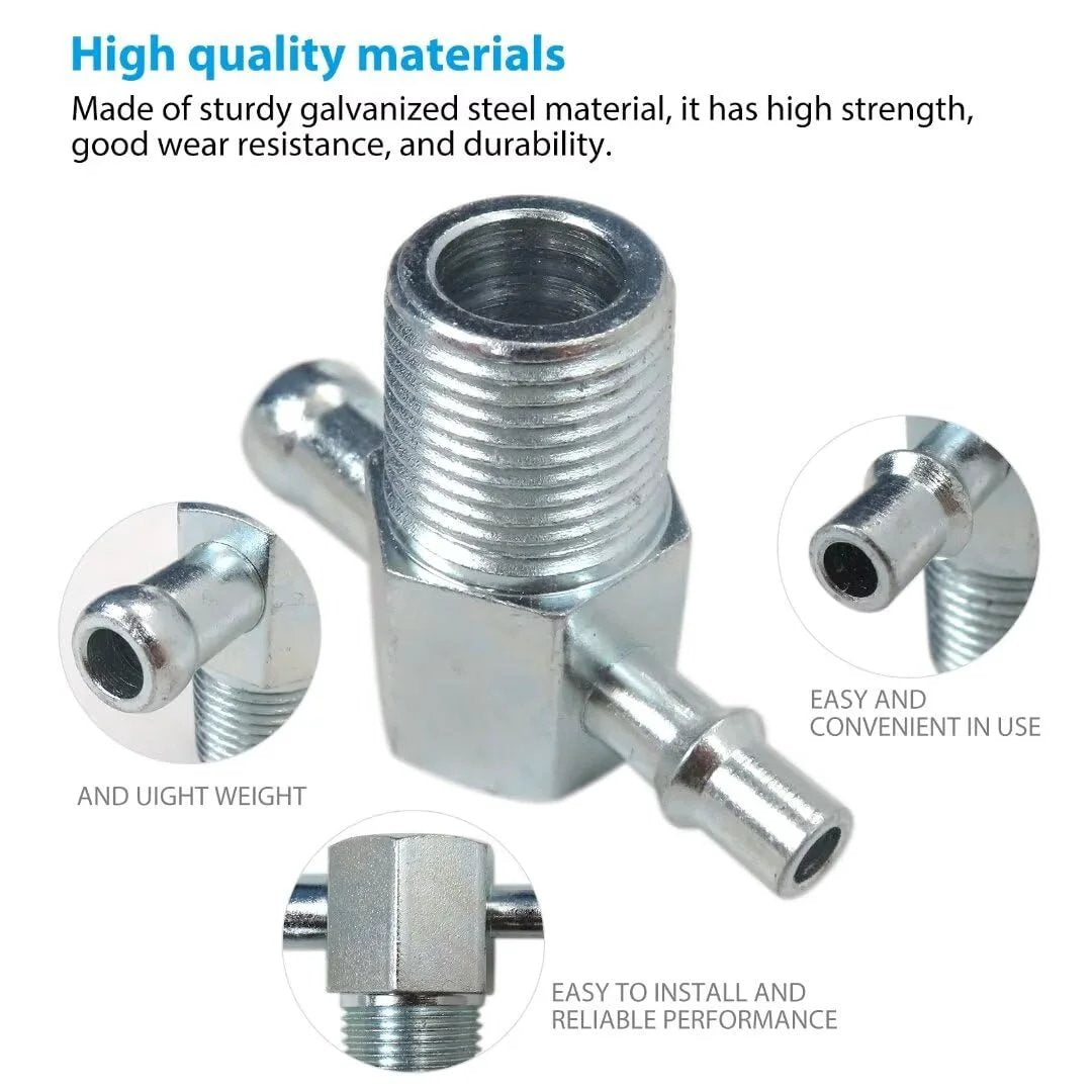 Universal Intake Manifold Vacuum Tee Fitting Three Eighths NPT Thread with three eighths and one quarter inlet nipples, steel.