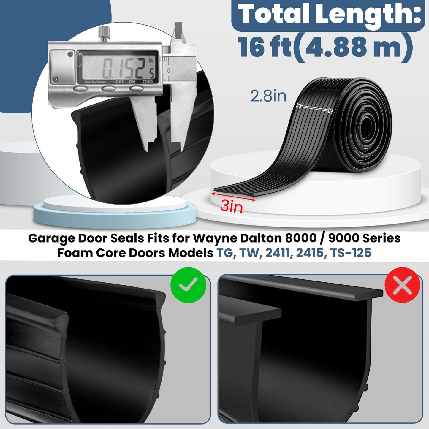 Drop In Replacement 16 Foot Garage Door Bottom Seal For Wayne Dalton 8000 And 9000 Series Overhead Doors Vinyl Weather Stripping With Foam Core Black Bead Ends Exact Fit For TG TW 2411 2415 TS125 TS150 8300 9100 close-up view showing measurements and seal profile.