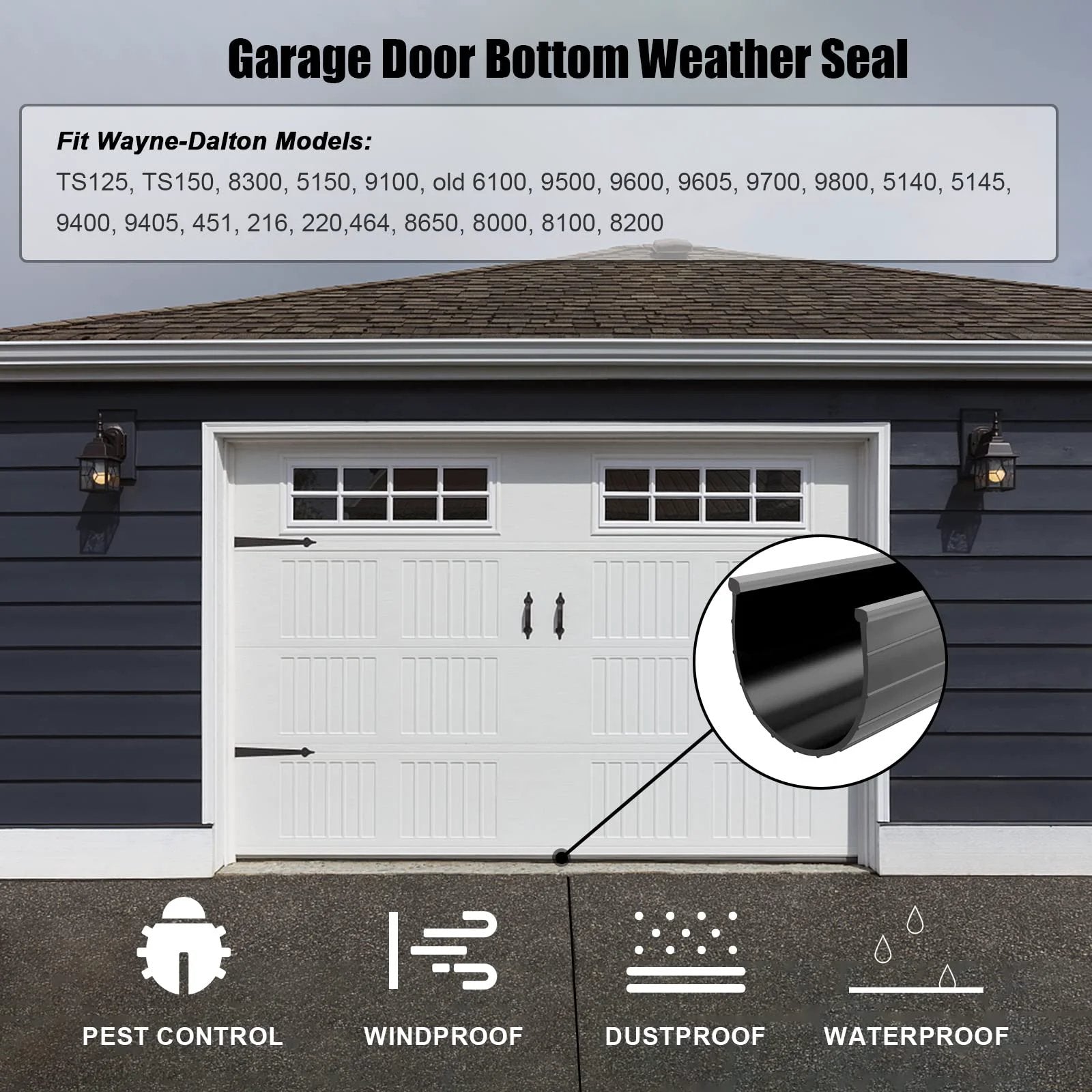 Replacement Garage Door Bottom Weather Seal for 16 Ft Wide Doors Black Fits Wayne Dalton Models on parked white garage door.
