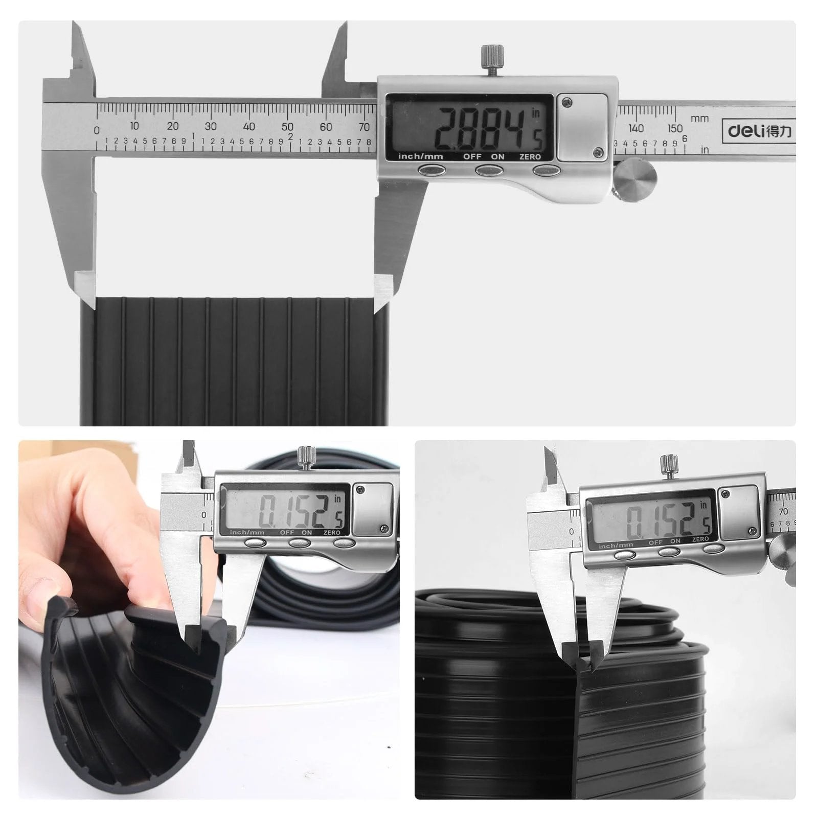 Replacement Garage Door Bottom Weather Seal for 16 Ft Wide Doors Black shown with caliper measurements for width and thickness.