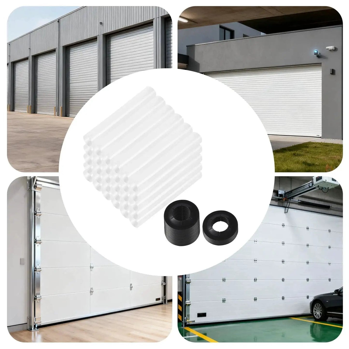 60 Sets 11mm ID 80mm Length Garage Door Roller Sleeves And Shaft Gaskets Replacement Kit shown with various garage doors