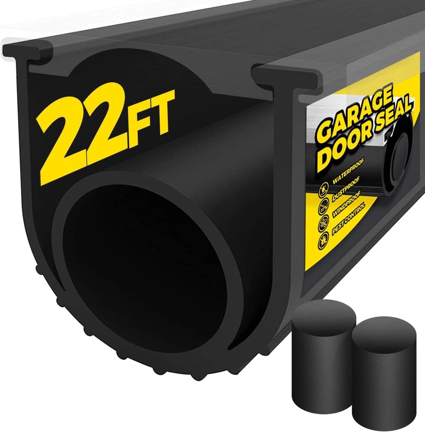 Flexible EPDM Garage Door Seal Bottom Rubber With Five Sixteenth Inch T End And Four And One Eighth Inch Width, Weather Stripping Kit Seal Strip Replacement, 22 Ft Black showing rounded profile and included accessories.
