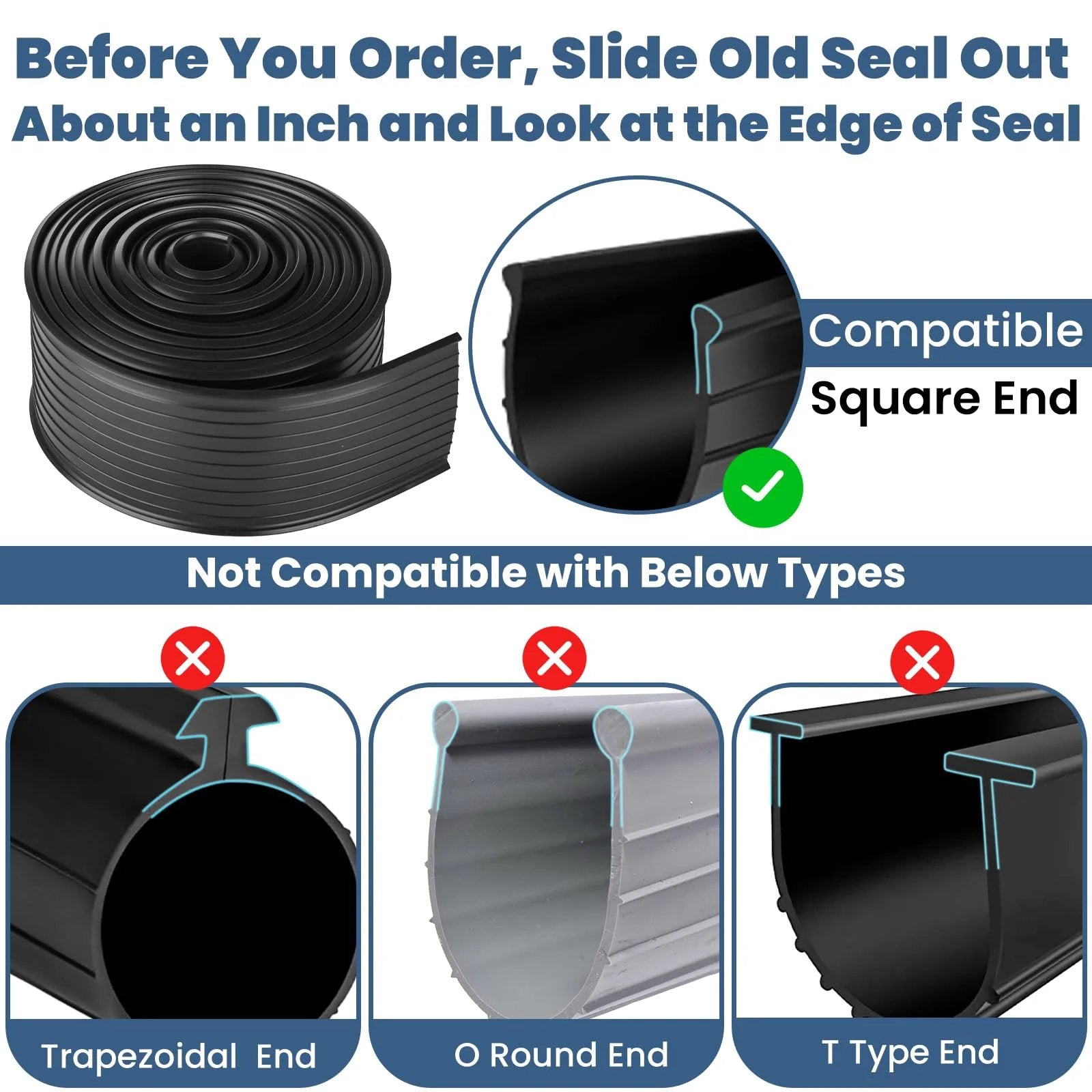 Image showing types of garage door seals, highlighting compatible square end and incompatible trapezoidal, round, and T types.