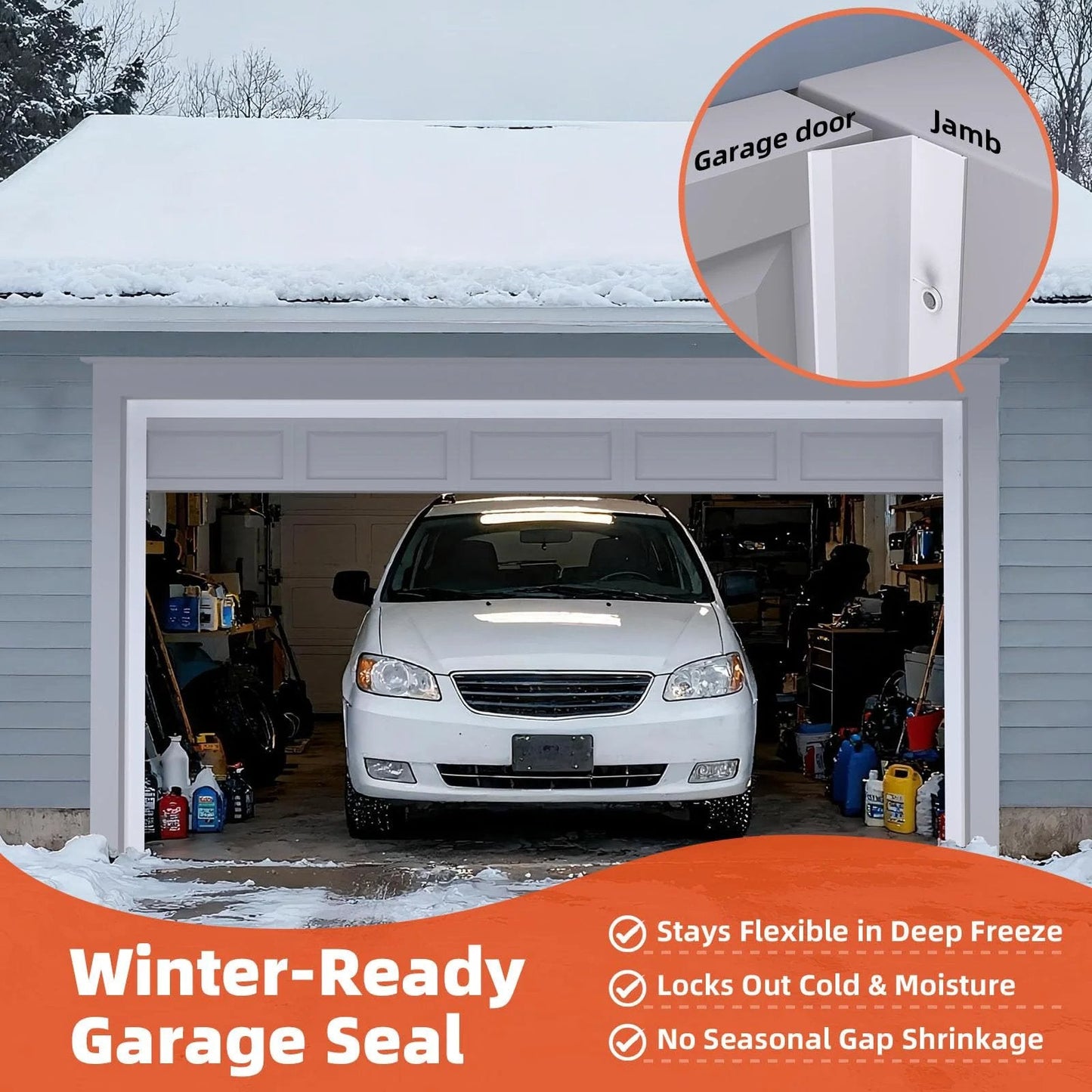 Universal 40 Ft Garage Door Seal Top And Sides TPE Weather Stripping white seal installed at garage door jamb.