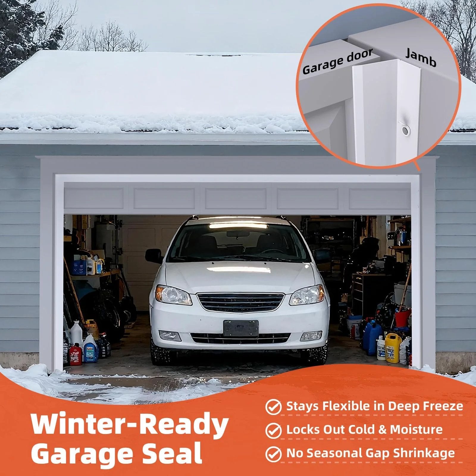 Universal 40 Ft Garage Door Seal Top And Sides TPE Weather Stripping white seal installed at garage door jamb.