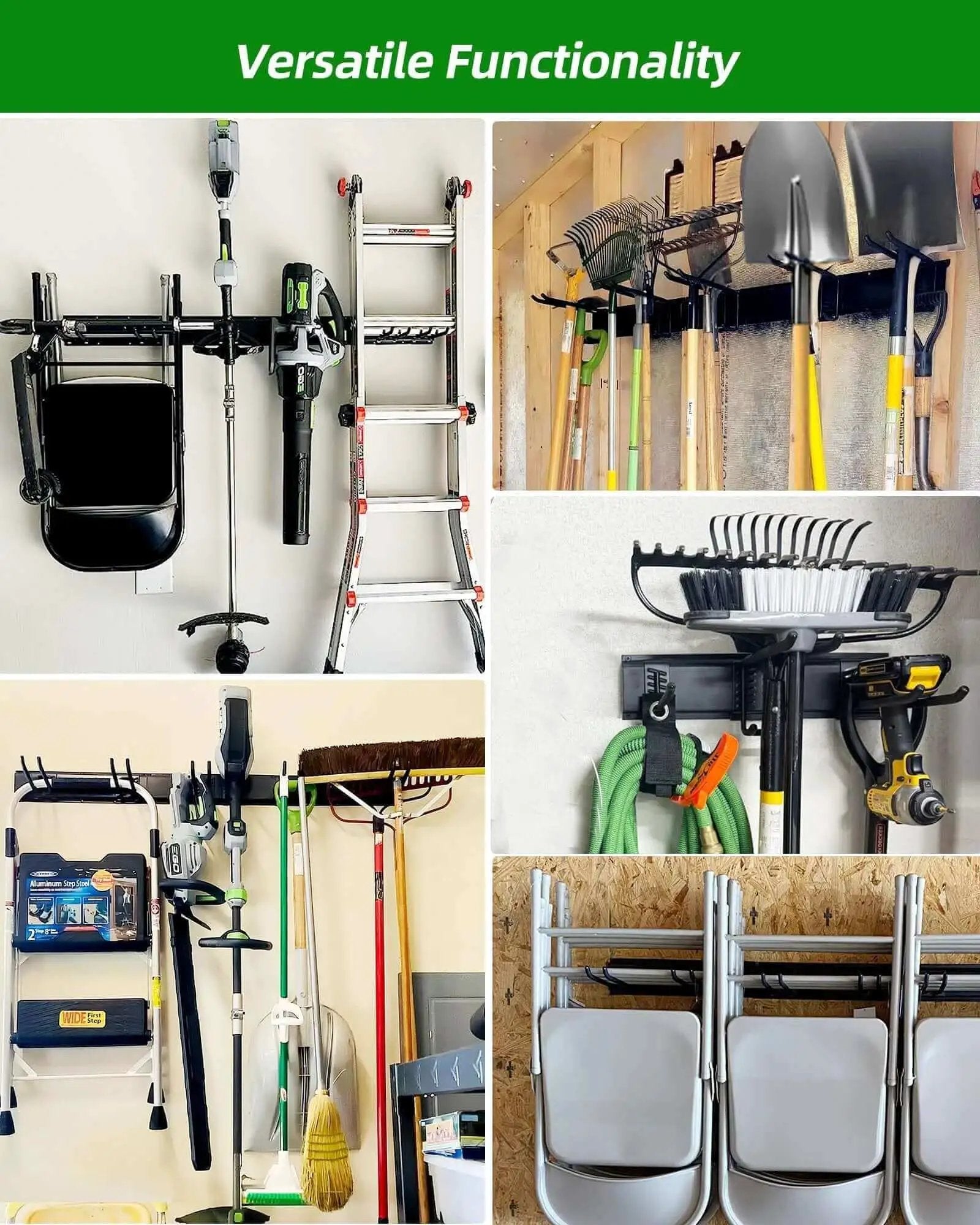 Collage of 64 Inch Garage Wall Tool Organizer With Heavy Duty Rails And 10 Hooks for garden tools and shovels in various installations.
