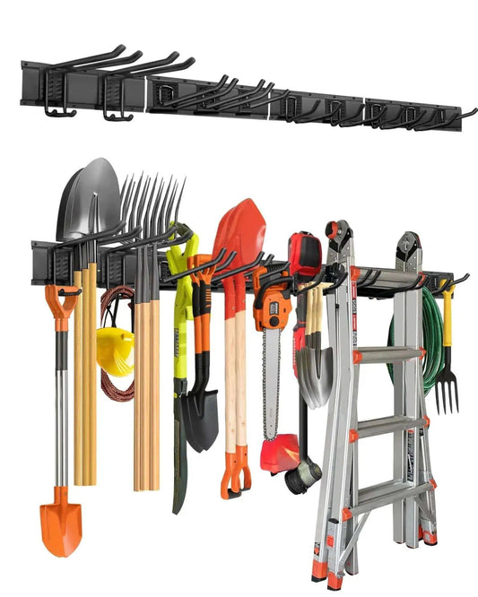 64 Inch Garage Wall Tool Organizer With Heavy Duty Rails And 10 Hooks, storing shovels, ladder, garden tools, in a garage setting.
