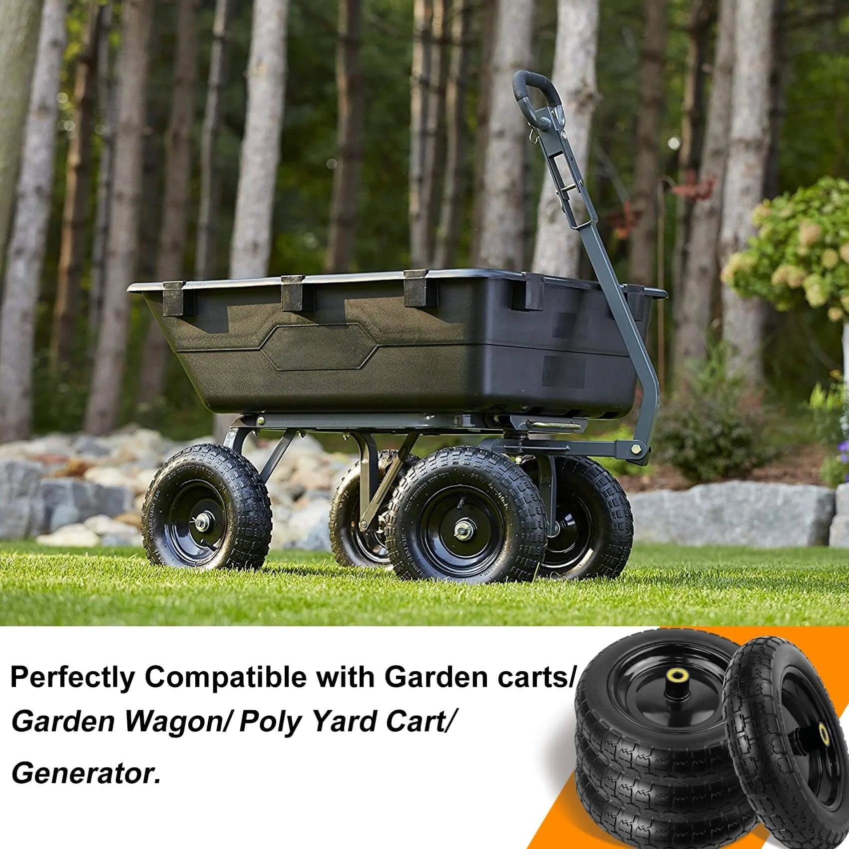 Garden cart on lawn with 13" flat free wheels replacement for gor garden cart tires, 4.00-6 solid tires with 5/8"bearings