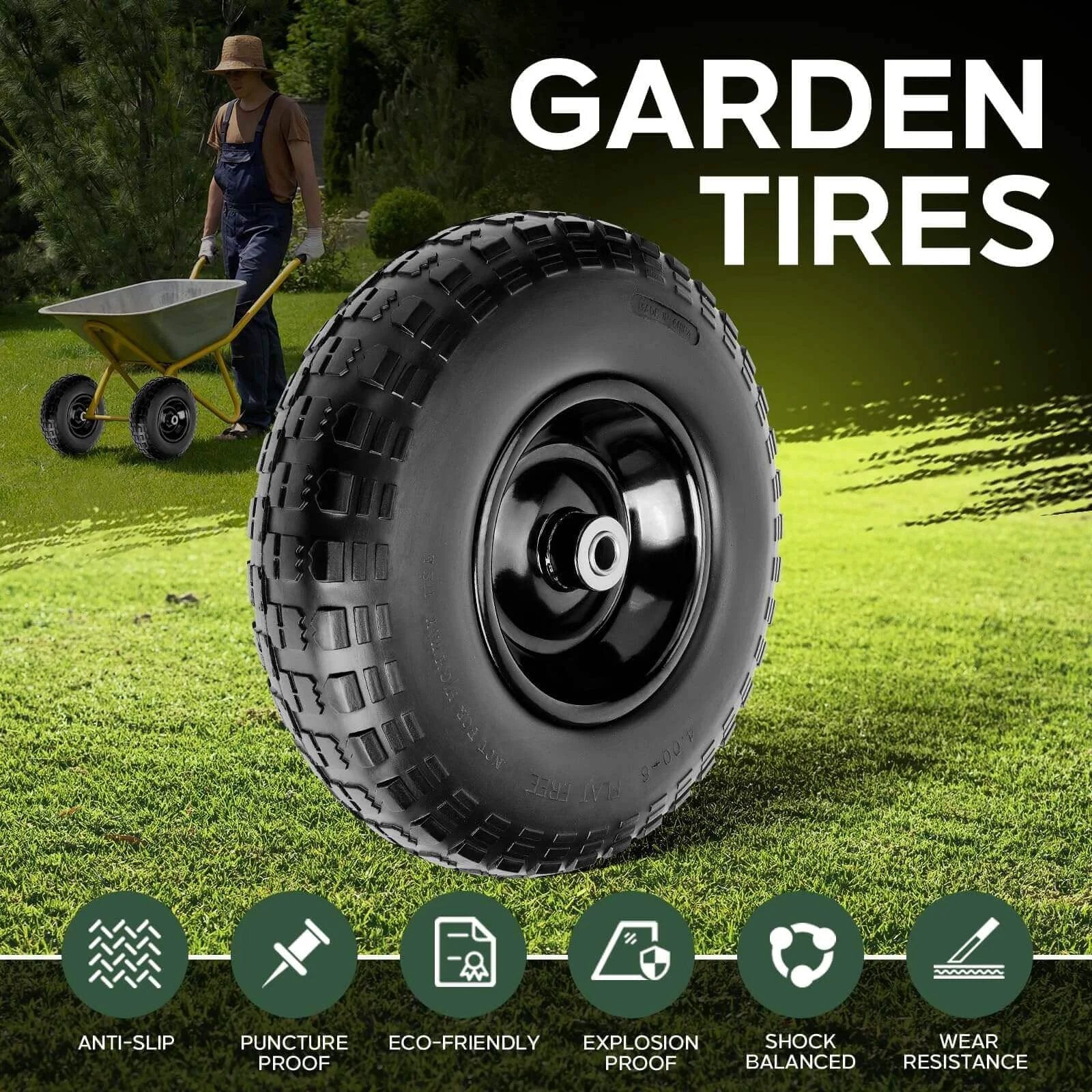 1 PC 13 Inch Rubber Solid Flat Free Replacement Tires and Wheels 4.00-6 with 5/8'' Axle Bore Hole for garden use