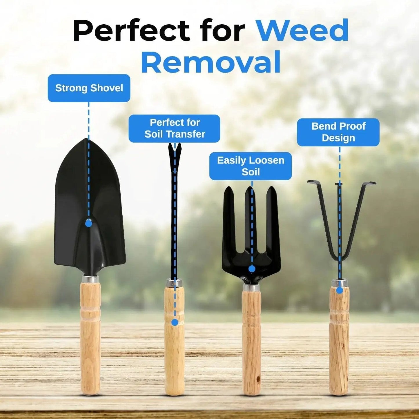 Heavy Duty Garden Tool Set With Stainless Steel Hand Tools including shovel, fork, and rake with wooden handles for weed removal.