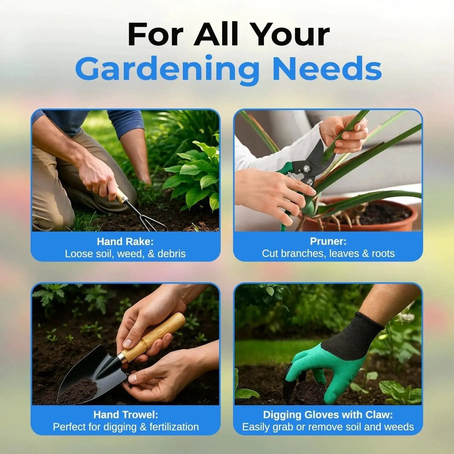 Various tools from Heavy Duty Garden Tool Set With Stainless Steel Hand Tools Non Slip Rubber Grip Wooden Handles Claw Gloves