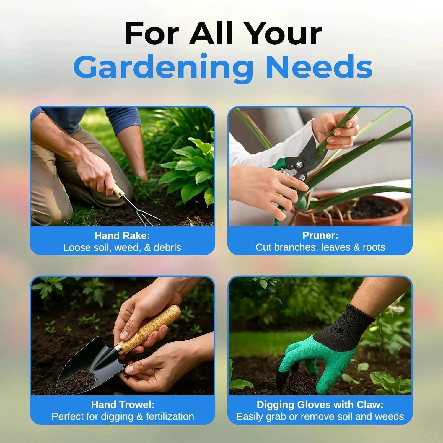 Various tools from Heavy Duty Garden Tool Set With Stainless Steel Hand Tools Non Slip Rubber Grip Wooden Handles Claw Gloves