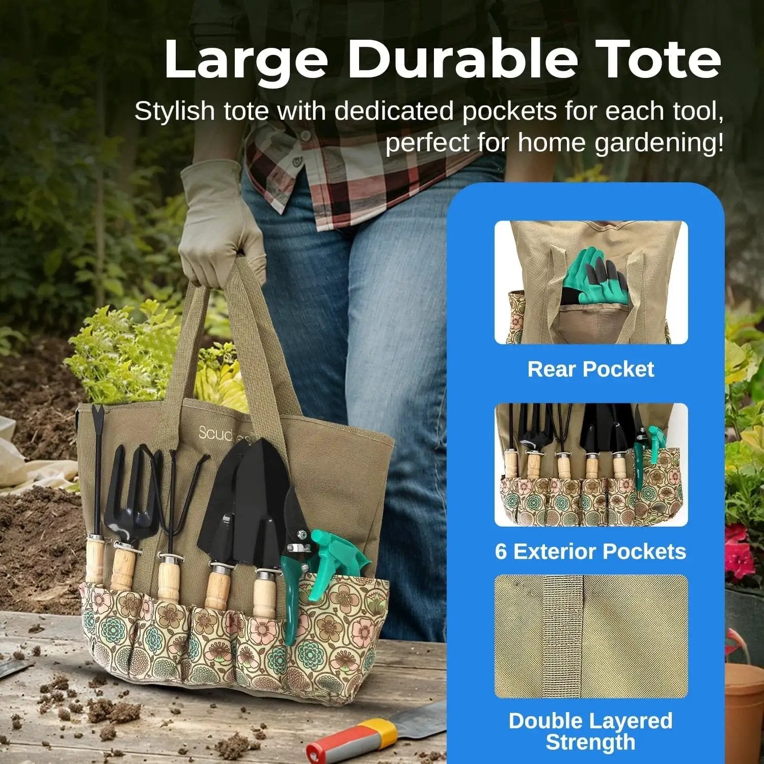 Heavy Duty Garden Tool Set With Stainless Steel Hand Tools in large tote, featuring exterior pockets, non slip rubber grip, wooden handles.