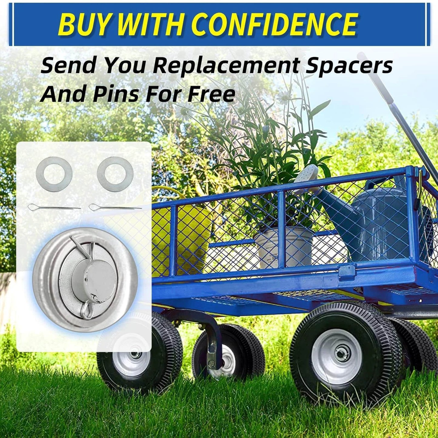Blue garden wagon on grass with 8-inch flat-free tire, 2.50-4 solid tire and wheel, 5/8" bearings, and 2.2" offset hub