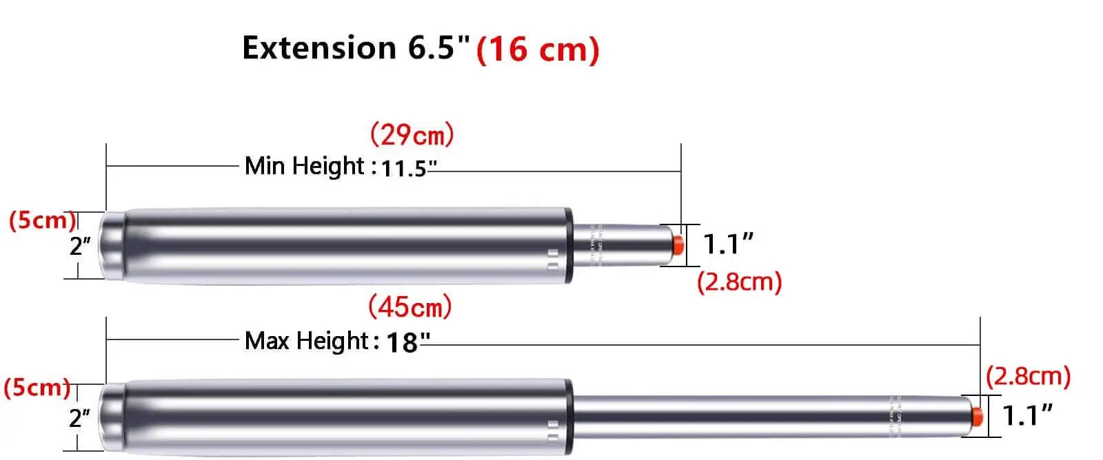 Heavy Duty Six Point Five Inch Long Stroke Gas Lift Cylinder For Office Chairs And Stools Replacement Universal Size Hydraulic Pneumatic Shock Piston Supports Up To 450 Lbs Fits Most Executive Chairs, showing min and max extension with dimensions labeled.