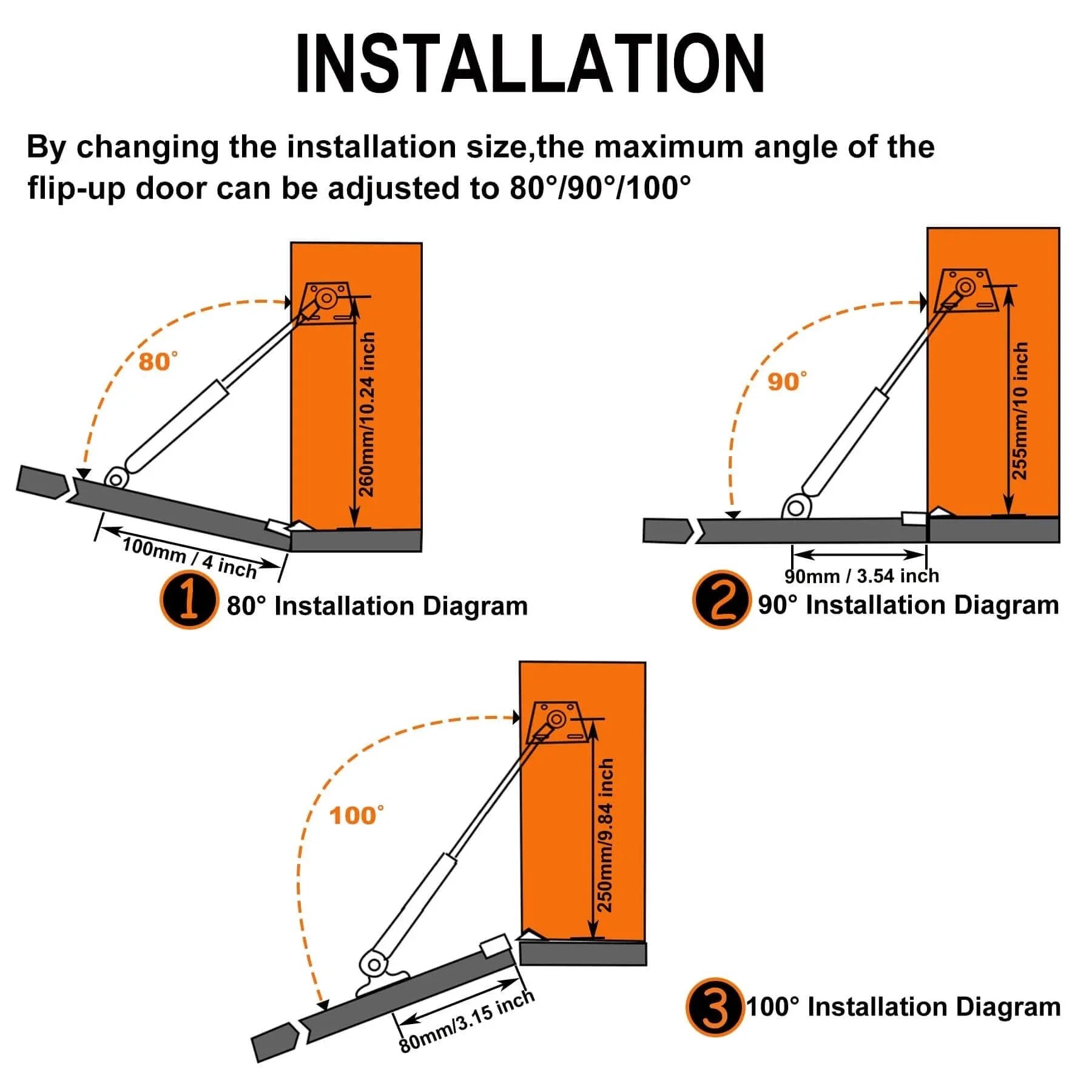 Installation diagram for 2 Pack 100N/22LBS Drop Down Gas Struts, showing angles of 80°, 90°, and 100° for cabinet door adjustment.
