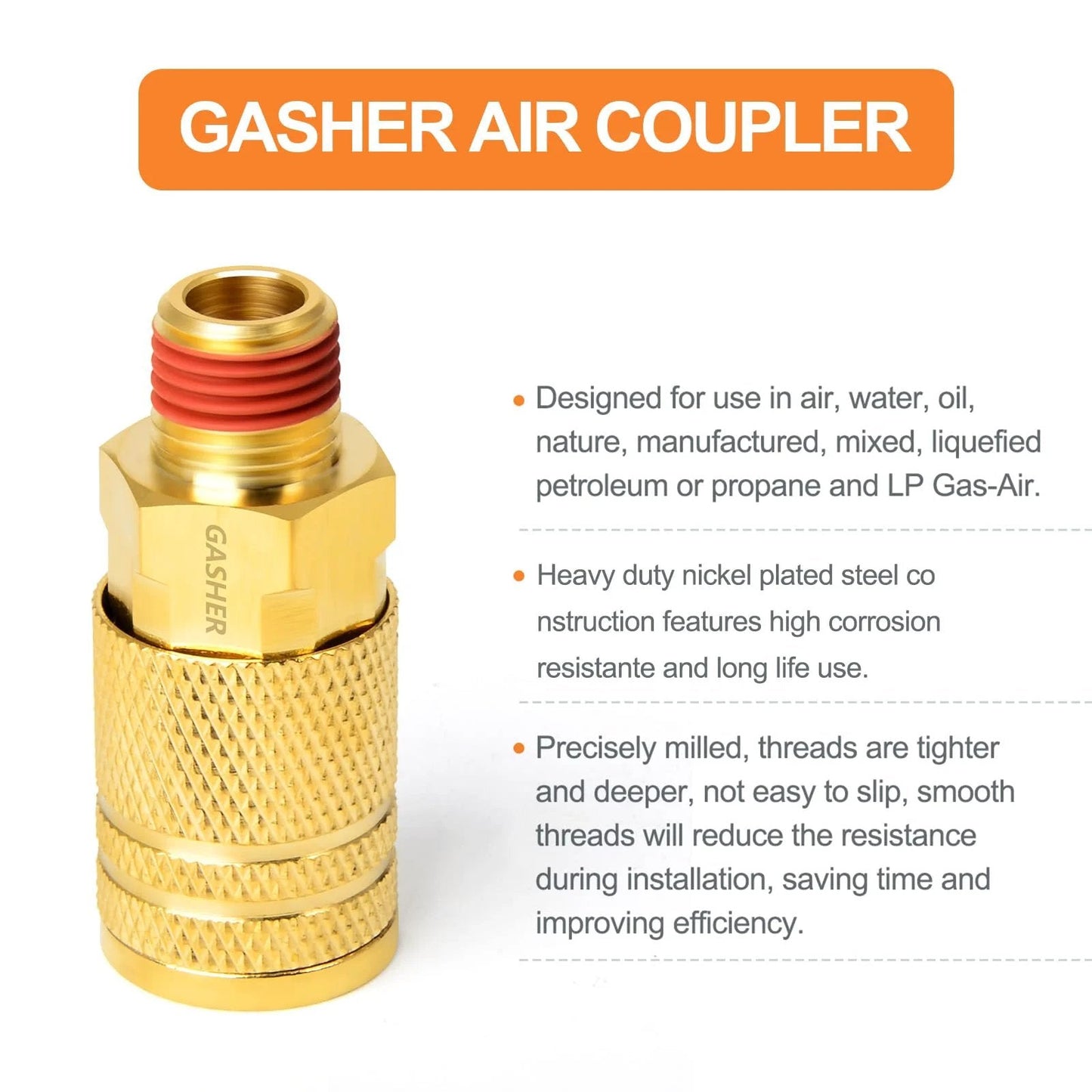 Durable Brass 1/4 Inch Quick Connect Air Coupler Set, Two Pieces With 1/4 Inch NPT Male Threads, Industrial Grade, Corrosion Resistant, Long Lasting, Interchangeable With Most Brands, Yellow Finish by GASHER close-up showing detailed design and threads.