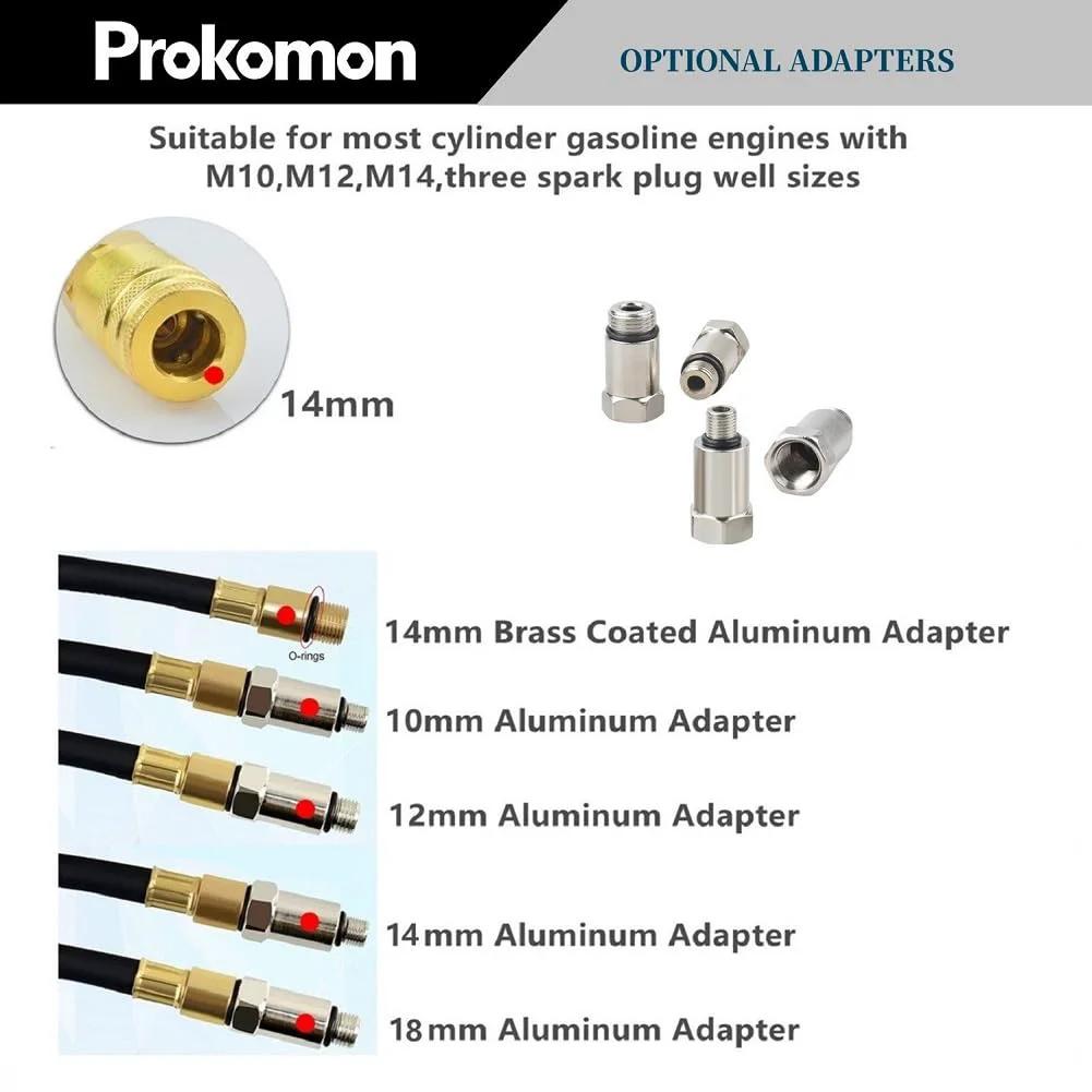 Engine Cylinder Leak Down Tester Kit For Gasoline Engines With Dual Gauge And Extension Rods, Cylinder Leakage Tester showing optional adapters.