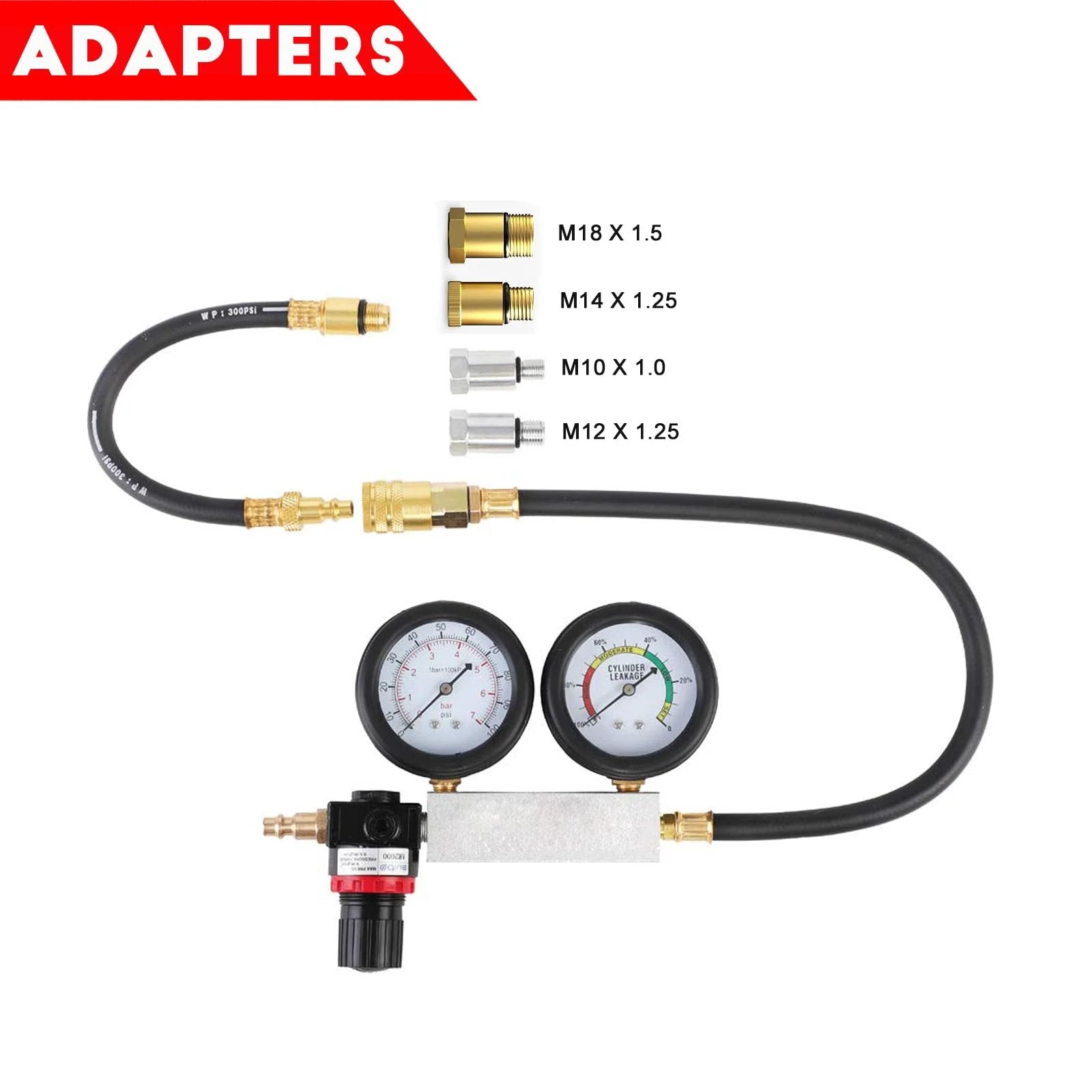 Pro Grade Multi Function Cylinder Leak Down Tester Kit For Gasoline Engines With Dual Gauge Pressure Readout And Extension Rod includes adapters.