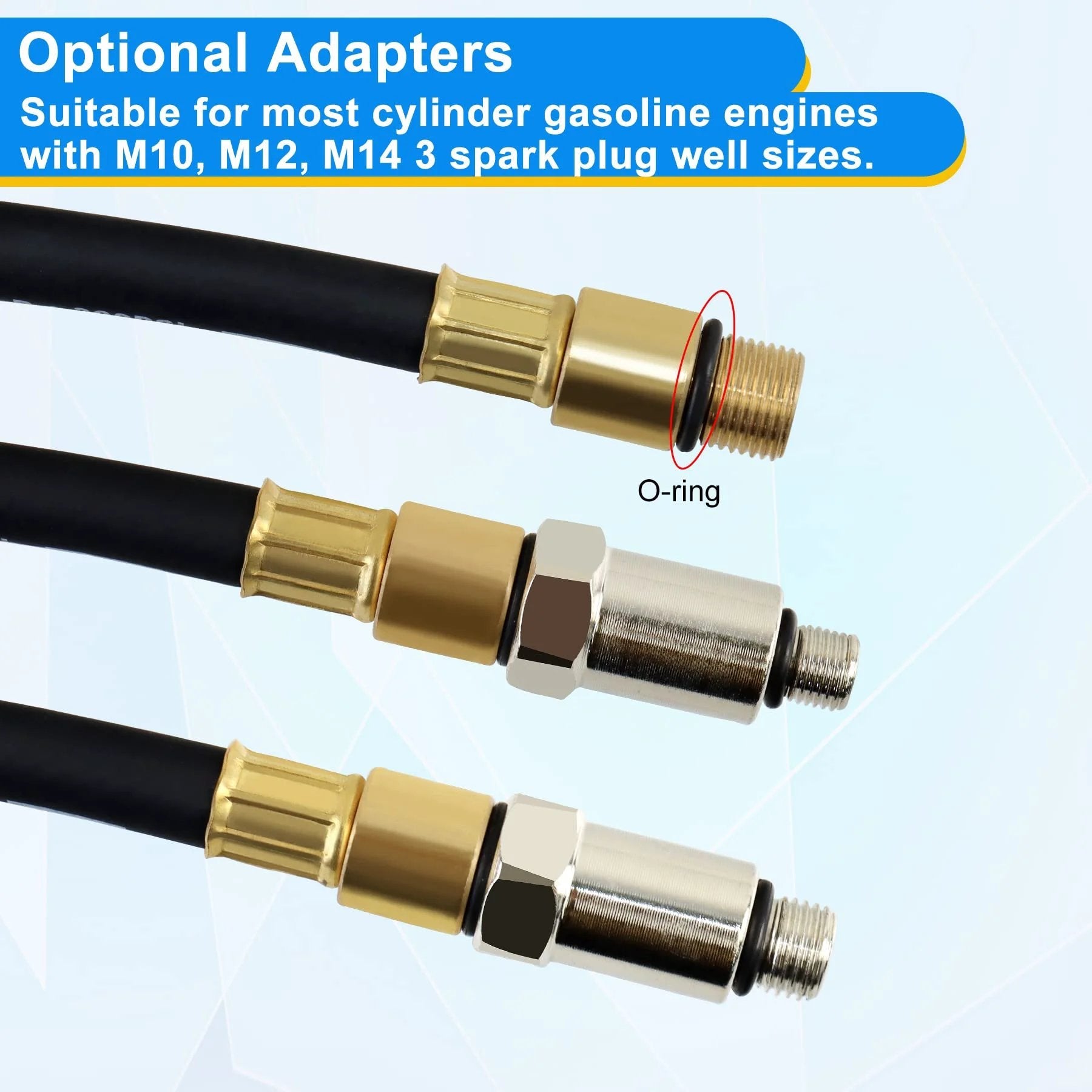 Pro Grade Cylinder Leak Down Tester Kit With Dual Pressure Gauges For Gasoline Engines showing optional spark plug adapters for M10, M12, M14 sizes.
