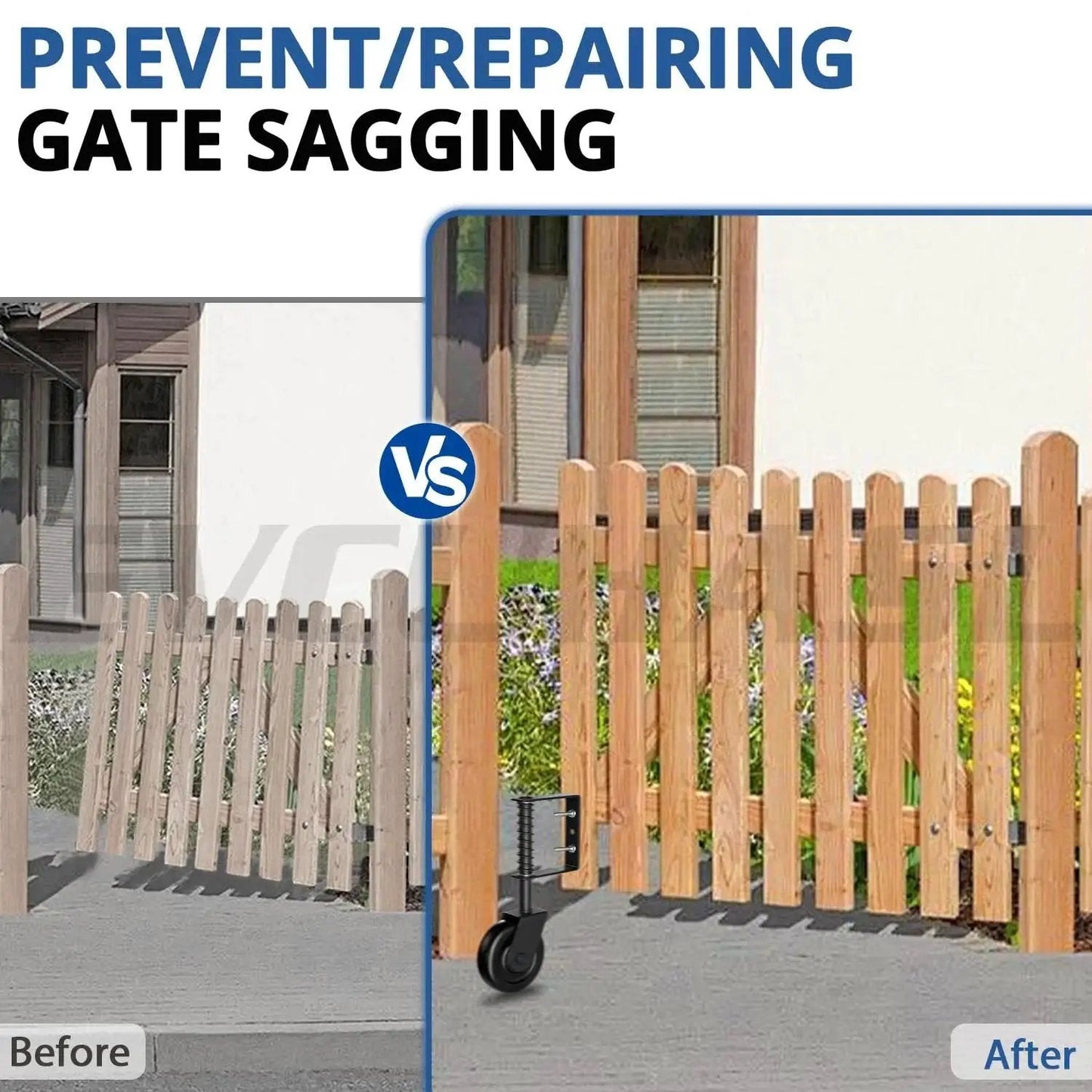 Spring Loaded Gate Caster Wheel With Bearing For Outdoor Gates And Fences Heavy Duty 360 Degree Swivel Gate Wheel on wooden gate showing sagging repair